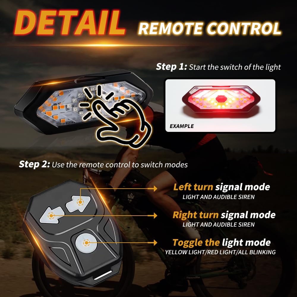 Teguangmei Bike Tail Light with Turn Signals, USB Rechargeable Rear Bike Light Wireless Remote Control with Bike Alarm, 5 Modes
