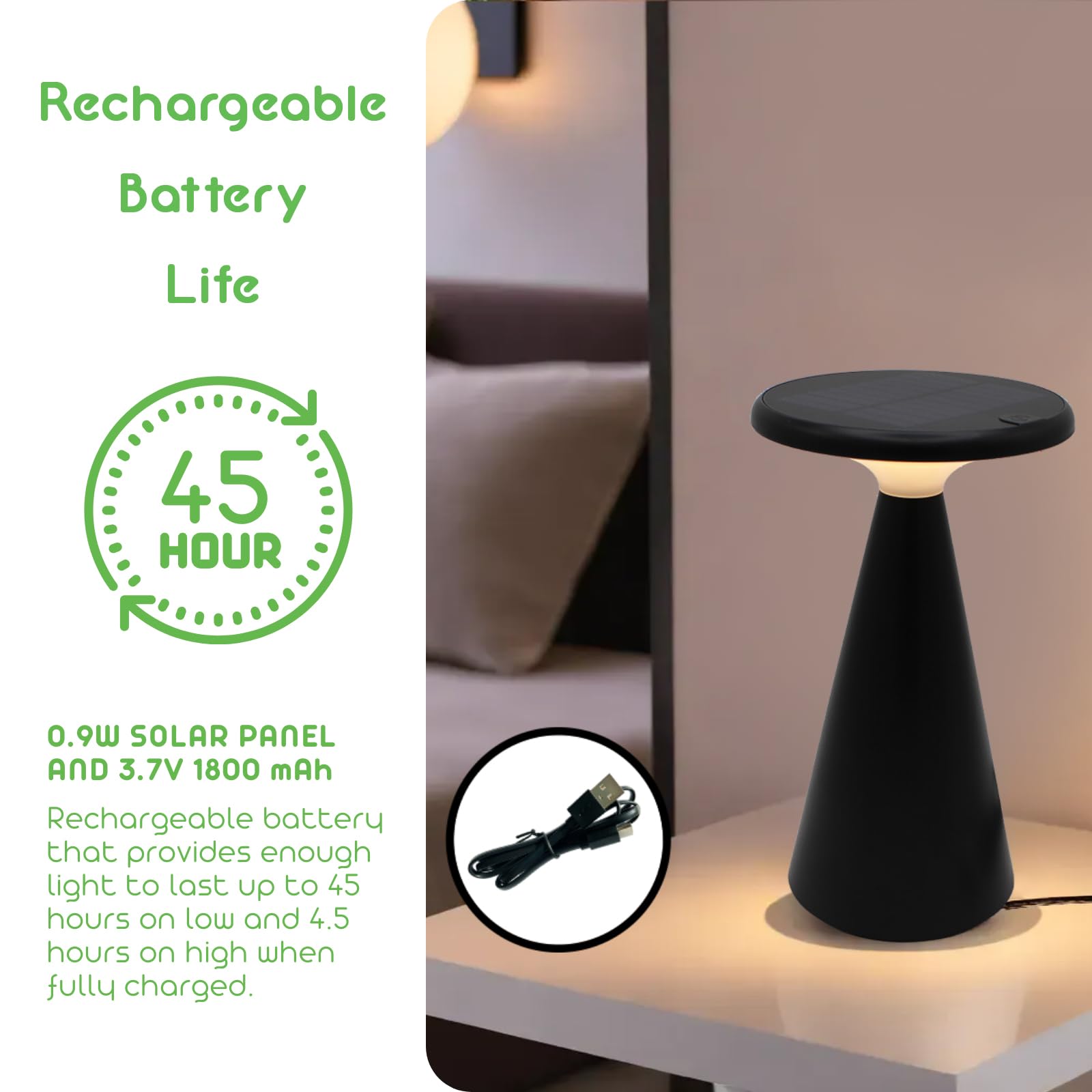 Verluce - Portable Solar Powered Mushroom Led Table Lamp - Indoor/Outdoor Use - Stepless Dimming - Up To 45 Hour Rechargeable Ba