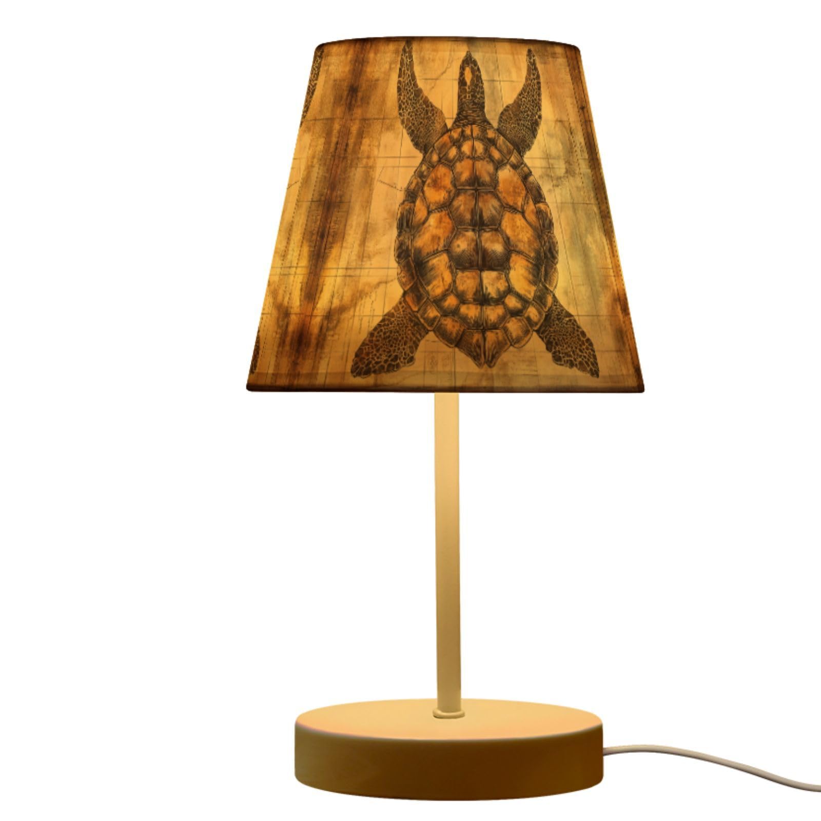 Peystean 3-Color Dimmable LED Table Lamp, Vintage Old Map Turtle Retro 10.8 High Linen Bedside Nightstand Light with USB Port fo