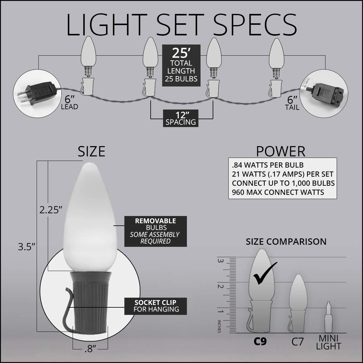 Wintergreen Lighting C9 OptiCore LED Christmas String Lights, 25 ft, 25 Lights, Green Smooth/Opaque, Heavy Duty, Model 0840052168866