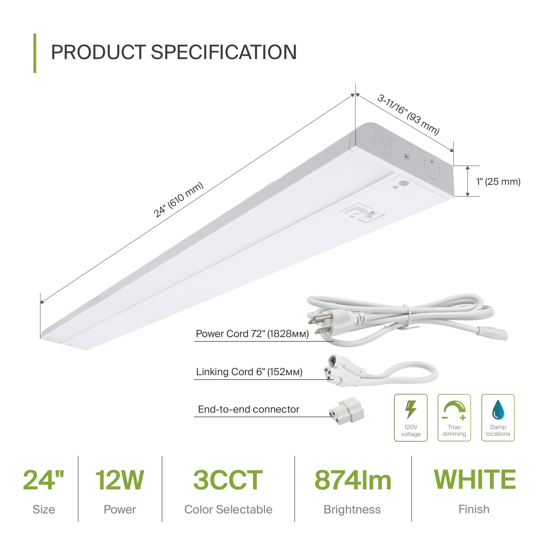 Asd Led Under Cabinet Lighting, 24 Inch Dimmable, Hardwired/Plug-In, 3 Color Levels, White Finish, Model Asd-Ucl-24D12Cc-Wh