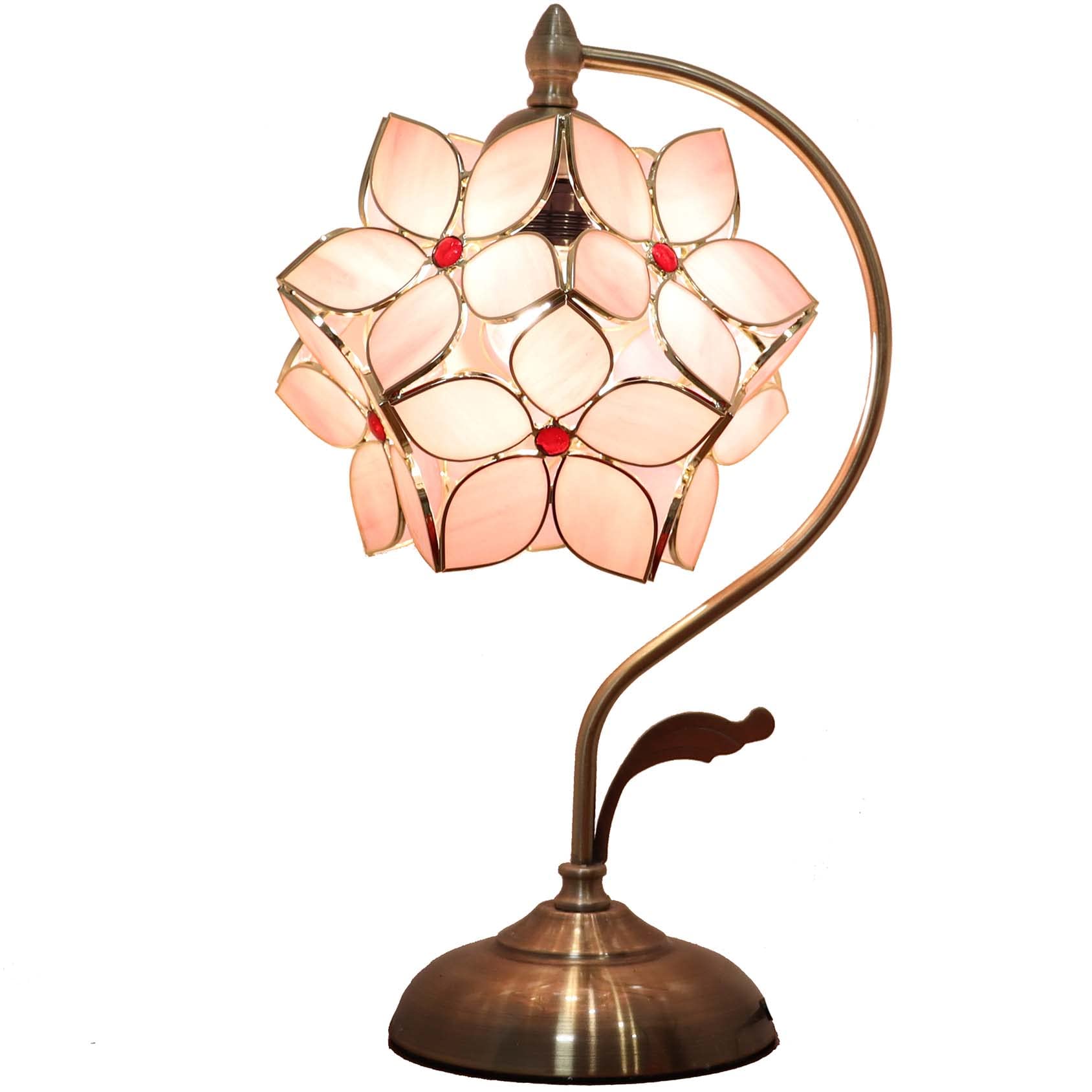 Bieye L10832 Tiffany Style Stained Glass Flower Petal Table Lamp with Brass Base for Home D  cor (Pink, 8'' Apple Blossom)