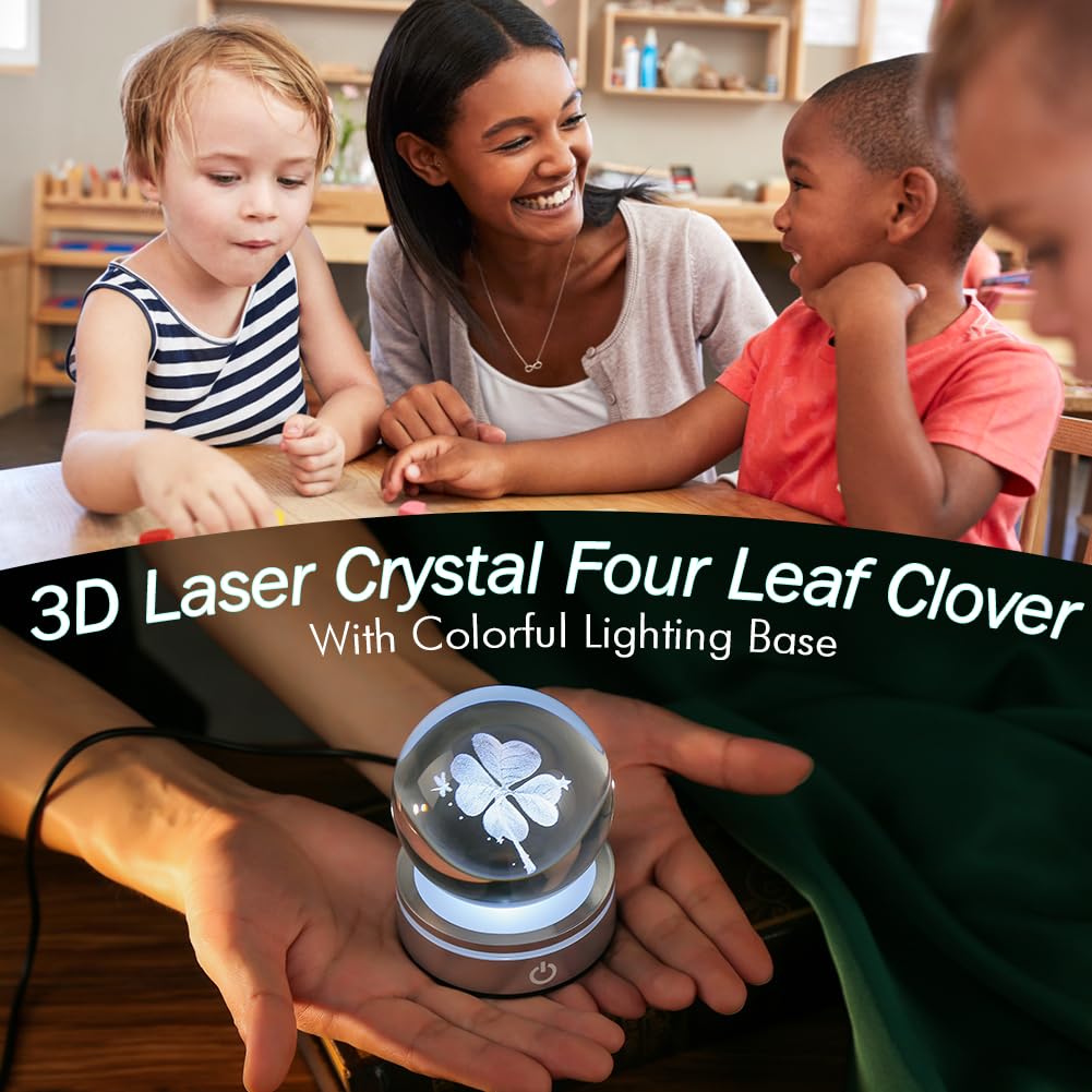 Ifolaina Crystal Ball Lamp  3D Four Leaf Clover K9 Decorative Night Light  Clear  3.15 Inches  Rechargeable Usb  Ideal Gift For Her Birthday  Wedding  Anniversary