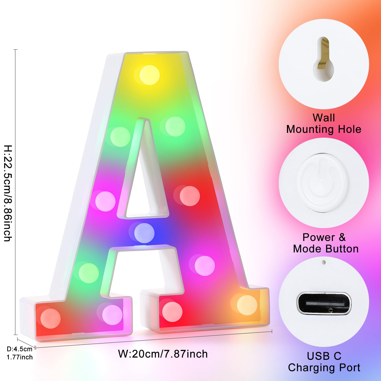 Mooncow Rechargeable Light Up Letters,Colorful Marquee Letters With Remote,Gift Wrap Gifts,Bedroom Home Bar Party Decor (A)