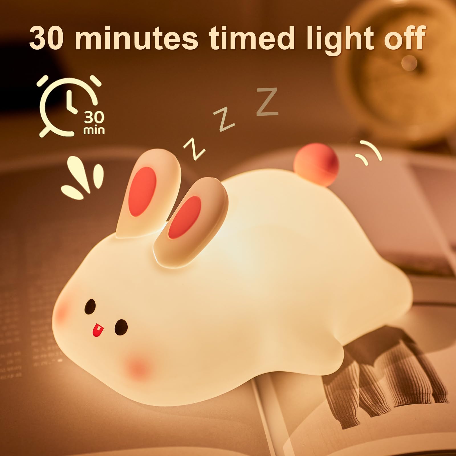 Beszeith Rabbit Night Light - Dimmable Silicone Bunny Lamp, Rechargeable, Cute Bedside Decor for Kids, Model K-1153, Color A-Rabbit