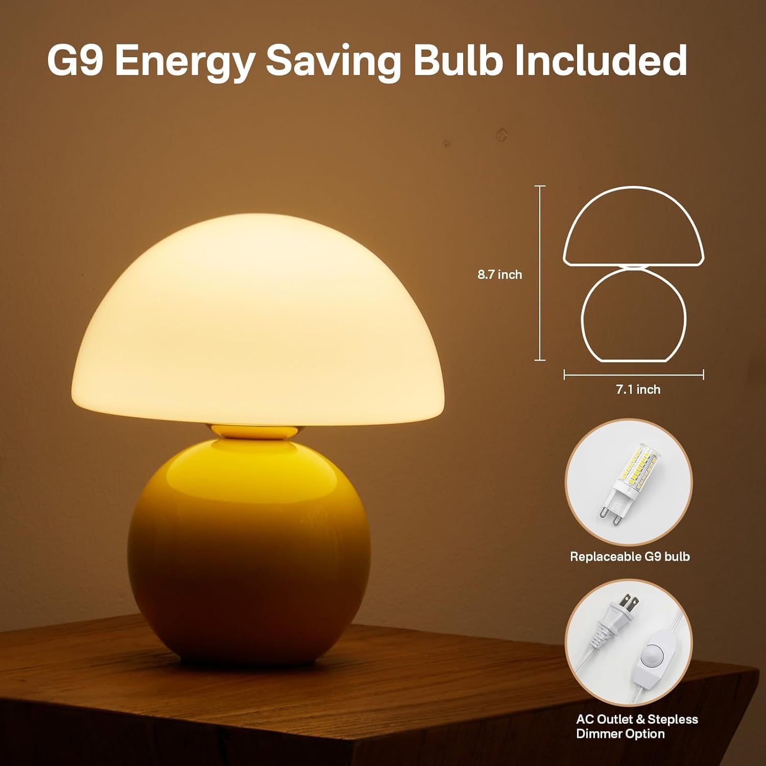 Dawnwake Mushroom Desk Lamp, Small Yellow Aesthetic Lamp for Bedroom & Living Room, Model DAWN-001
