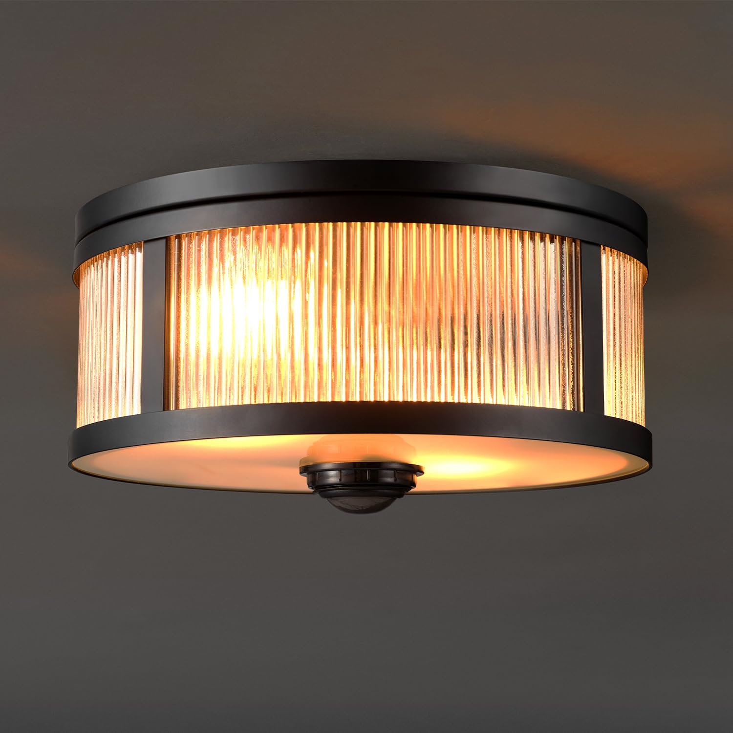 Globe Electric 60000123 2-Light Motion Activated Outdoor Flush Mount Ceiling Light, Matte Black, Ribbed Glass Shade, Frosted Len