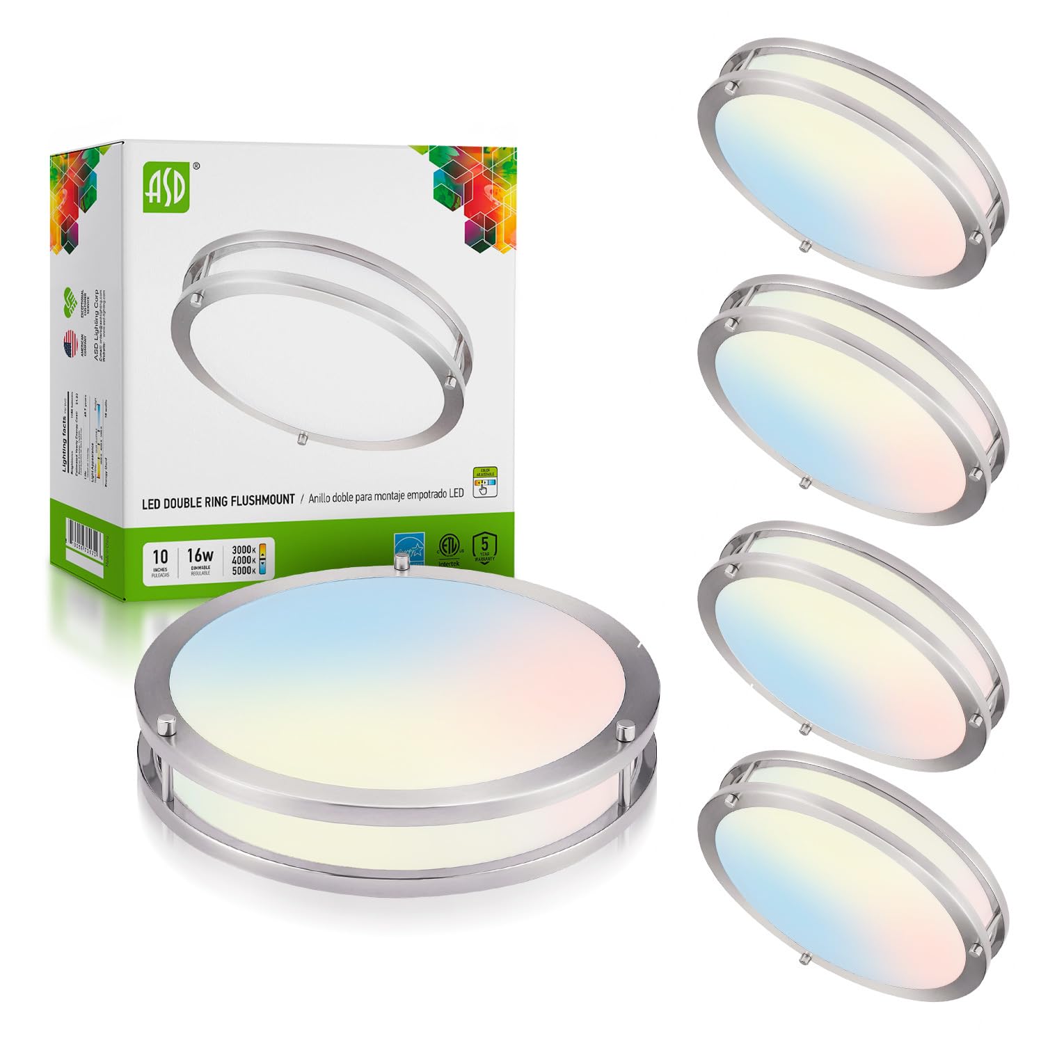 ASD LED Flush Mount Light Fixture, Dimmable 16W 1050LM, 10 Inch, Brushed Nickel, 4 Pack, Energy Star, ETL Listed, Model A-L