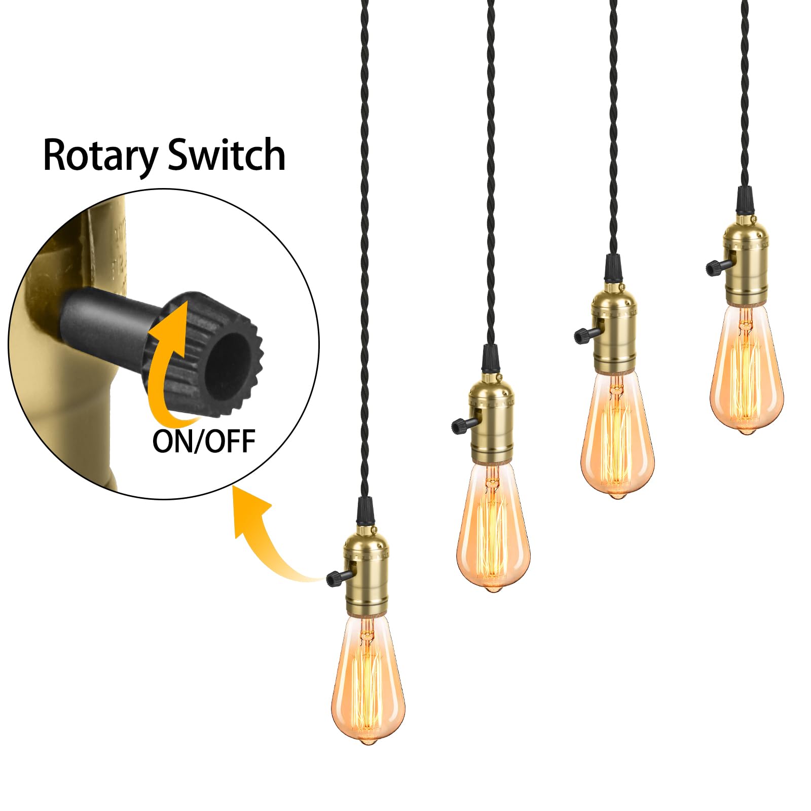Aokpsrt Vintage Plug-in Pendant Light, 4 Hanging Sockets, Metal, Gold, 19.5 ft Cord, Individual Switches, Model wyq-4Hanging Light-gold