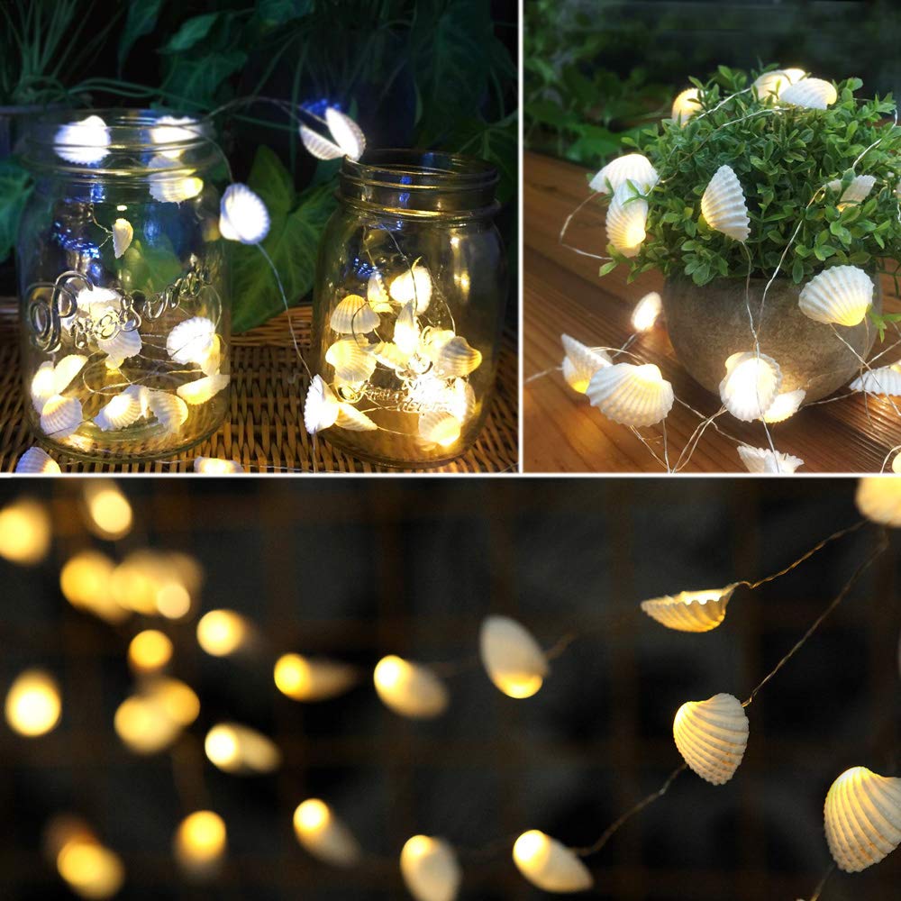 Starryfill 40 LED String Lights, 13.85Ft, Battery Operated, Waterproof, Warm White, Seashell, Model NDIE0501, Beach Themed Decoration
