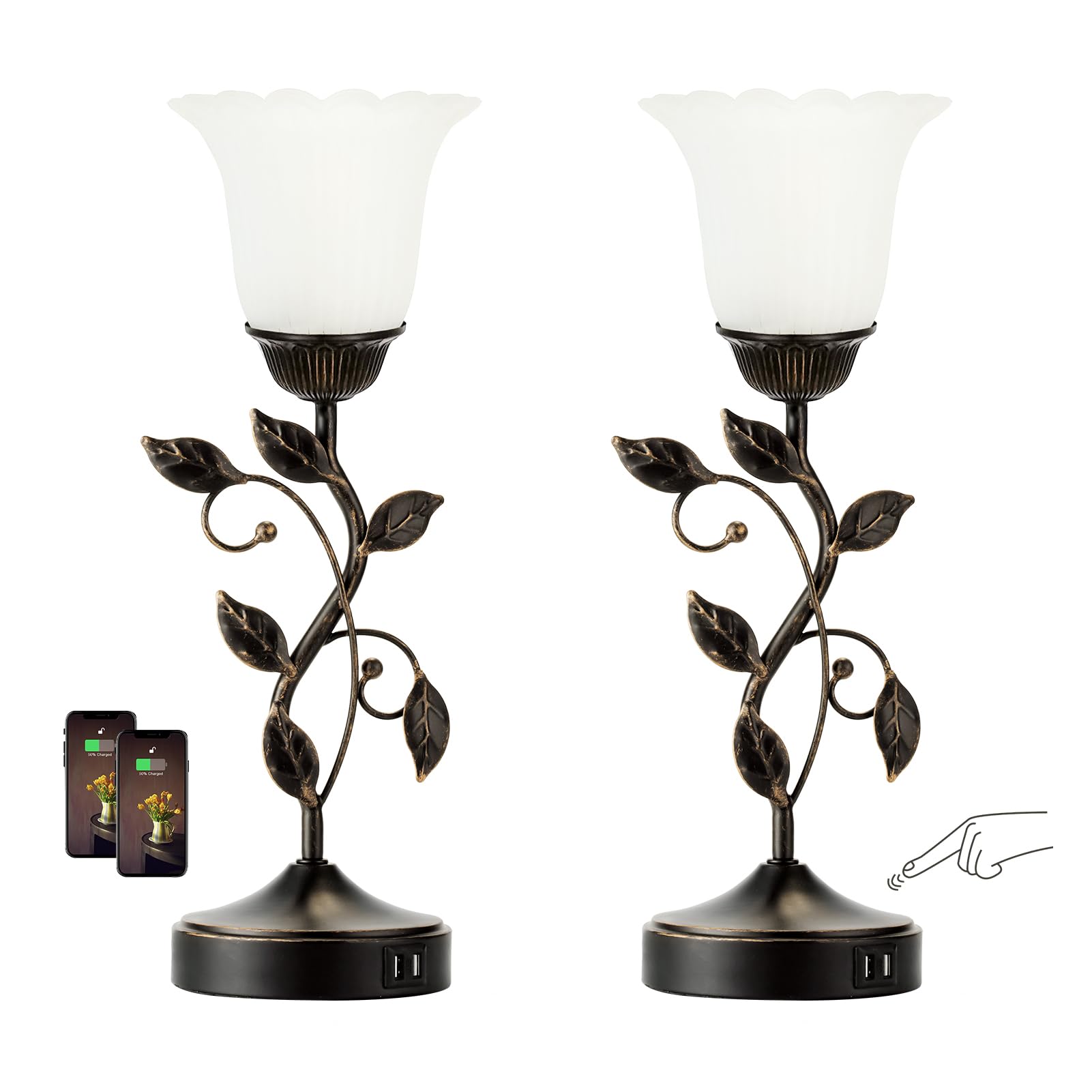 Roriano Set Of 2 Touch Bedside Vintage Lamps With 2 Usb Ports, 3-Way Dimmable Flower Lamps, White Glass Shade Rustic Leaf Lamp F