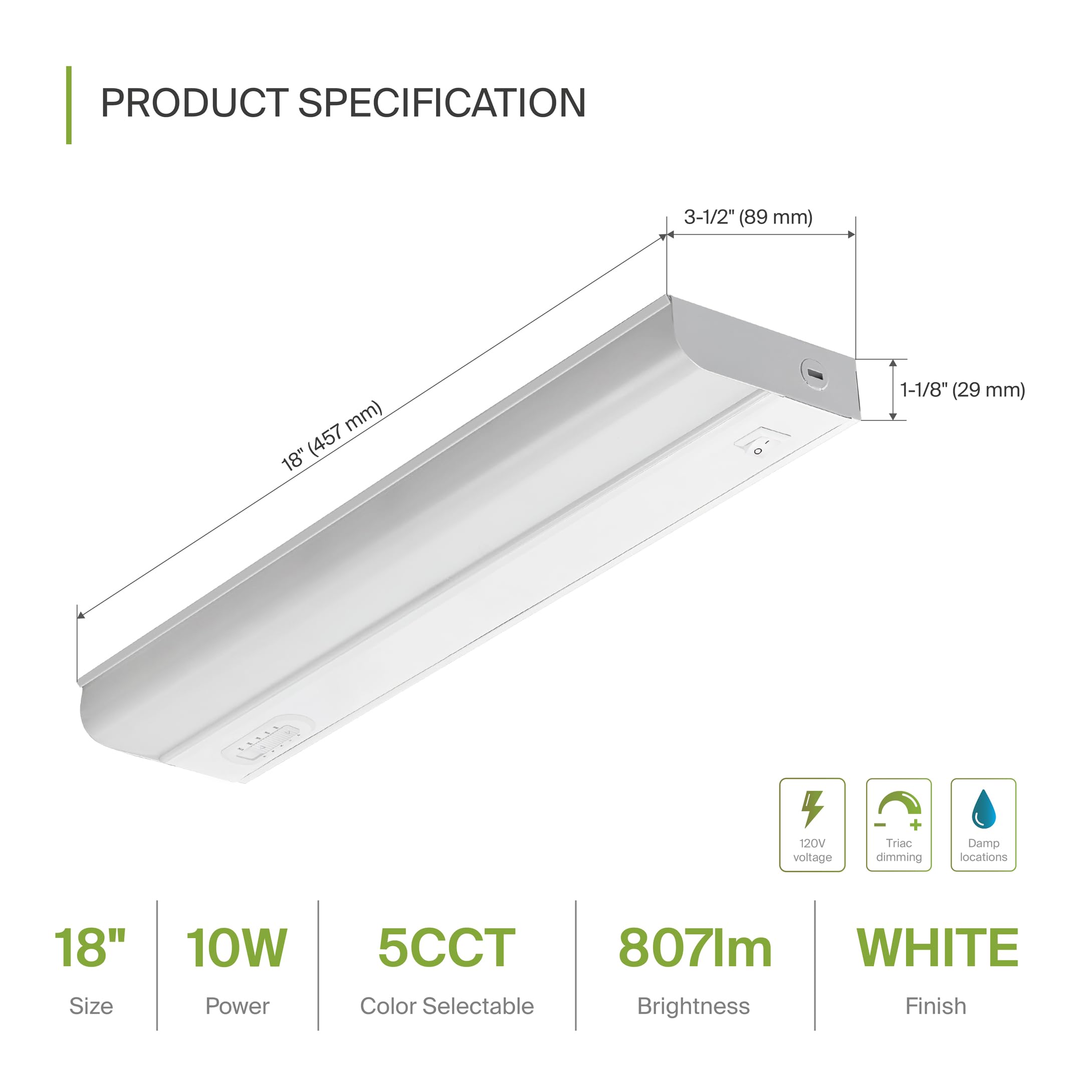 ASD LED Under Cabinet Lighting 10W 807LM Dimmable 5 CCT 2700K-5000K 18 Inch White 2 Pack Model A-UBN-18