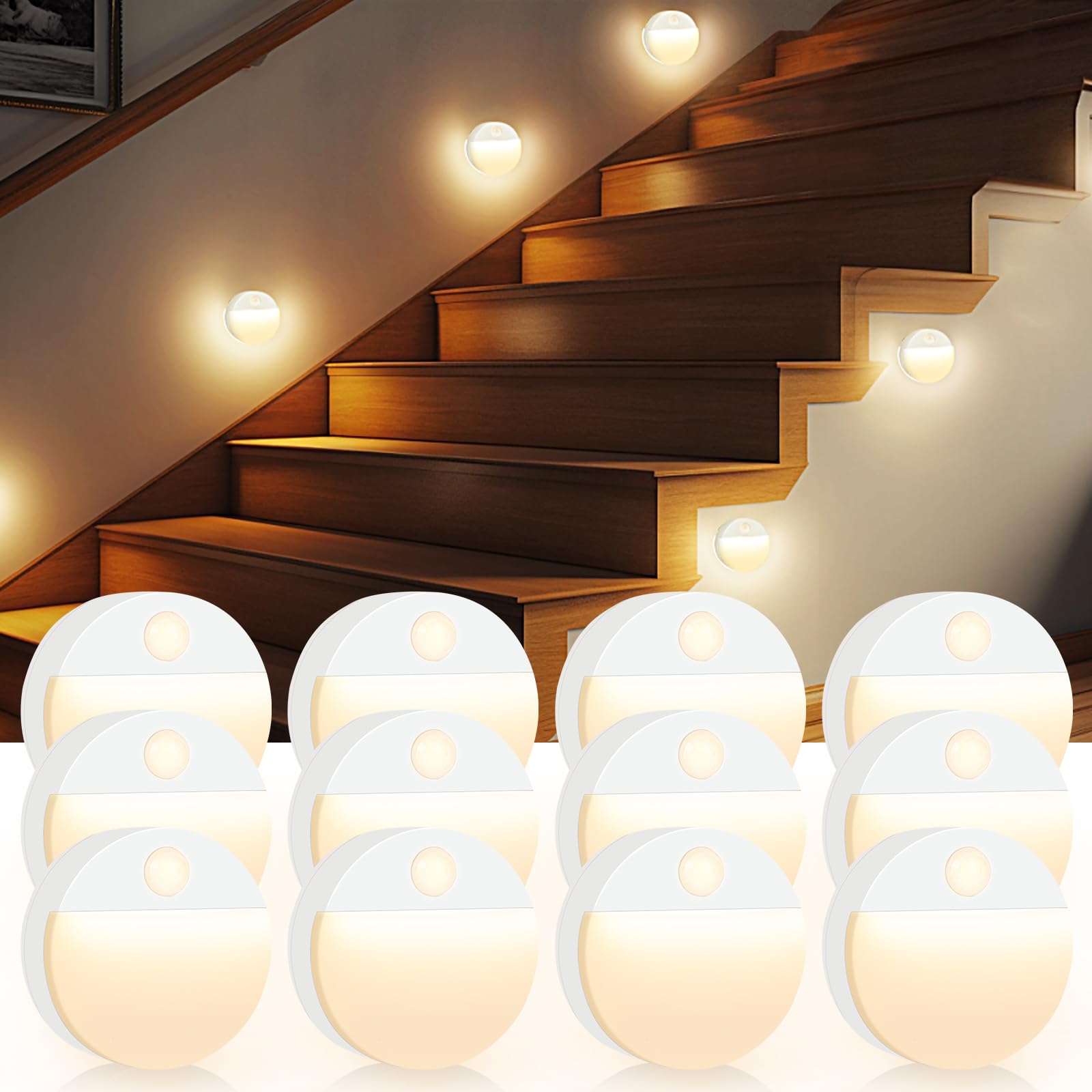 Guankai Motion Sensor Stair Light, 12 Pack, Battery Operated, White, Plastic, Model 0003C3
