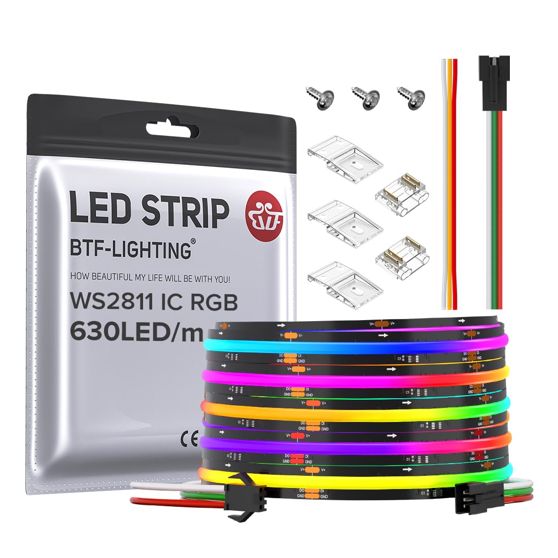 BTF-LIGHTING FCOB WS2811 IC RGB COB LED Strip 16.4FT DC24V 630LED/m Flexible High Density Uniform Chasing Color Light 14IC/m 10m