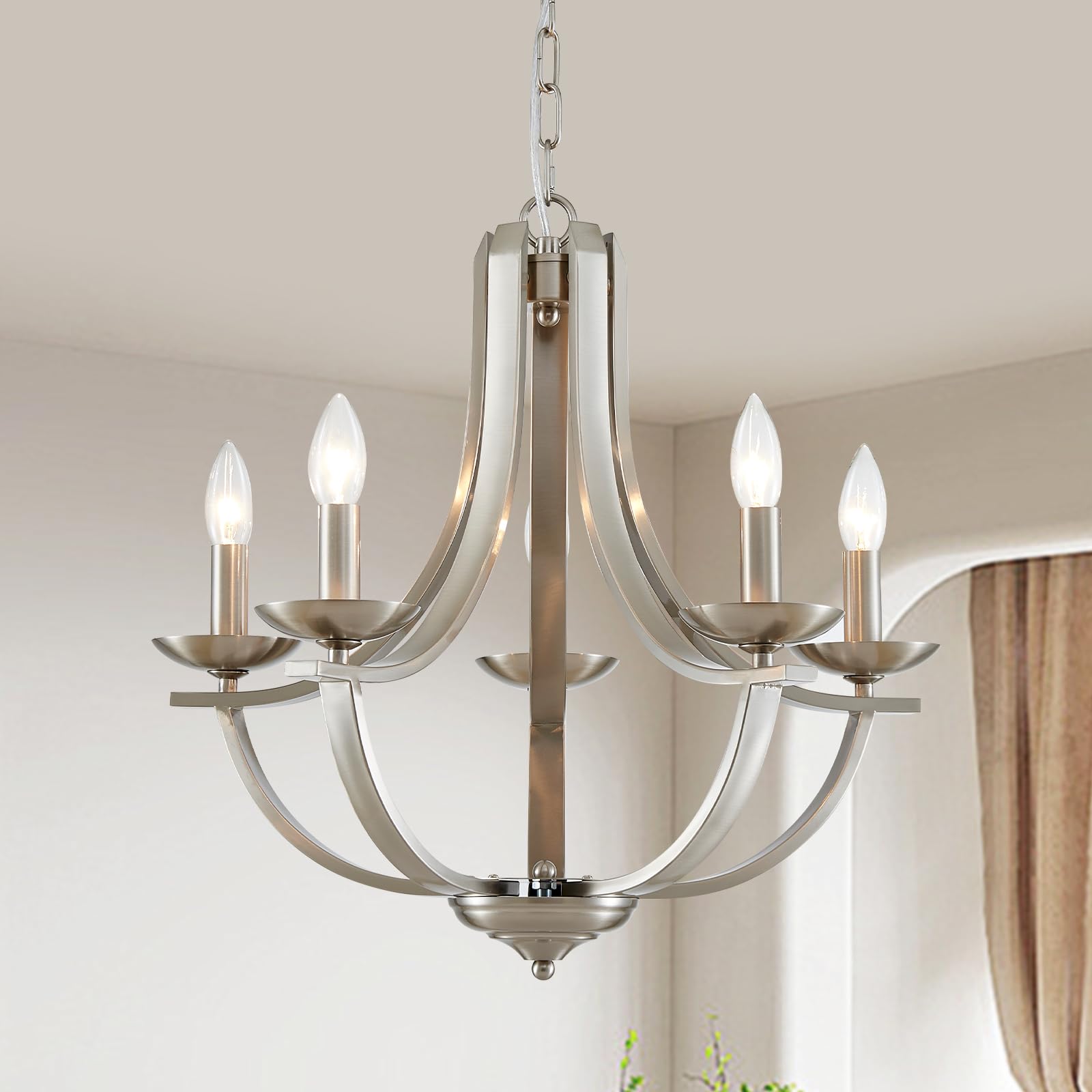 Cabvope Brushed Nickel Candle Chandeliers 5-Light for Dining Room 21 Modern Farmhouse Pendant Lighting Fixture Adjustable Height