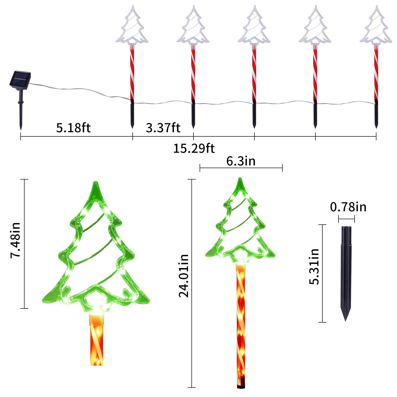 Christmas Solar Pathway Lights Outdoor Decorations  8 Modes Xmas Tree Candy Lights Waterproof Led Garden Stake Light For Walkway Yard Lawn Porch Holiday Decor 10-Pack (Red Tube Tree  10 Pack)
