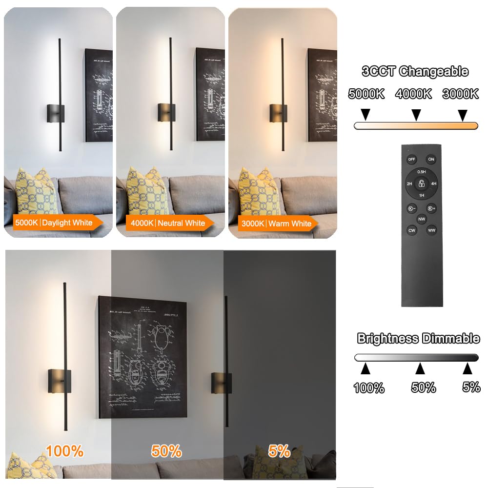 Ditoon Battery Operated Wall Sconce Set of 2, Dimmable LED Wireless Lighting, 31.6in, Black