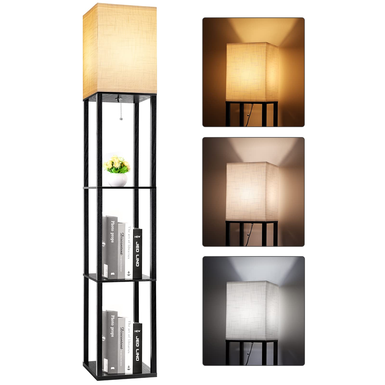 RUNTOP Floor Lamp with Shelves, LED Bulb, Modern Design, Black