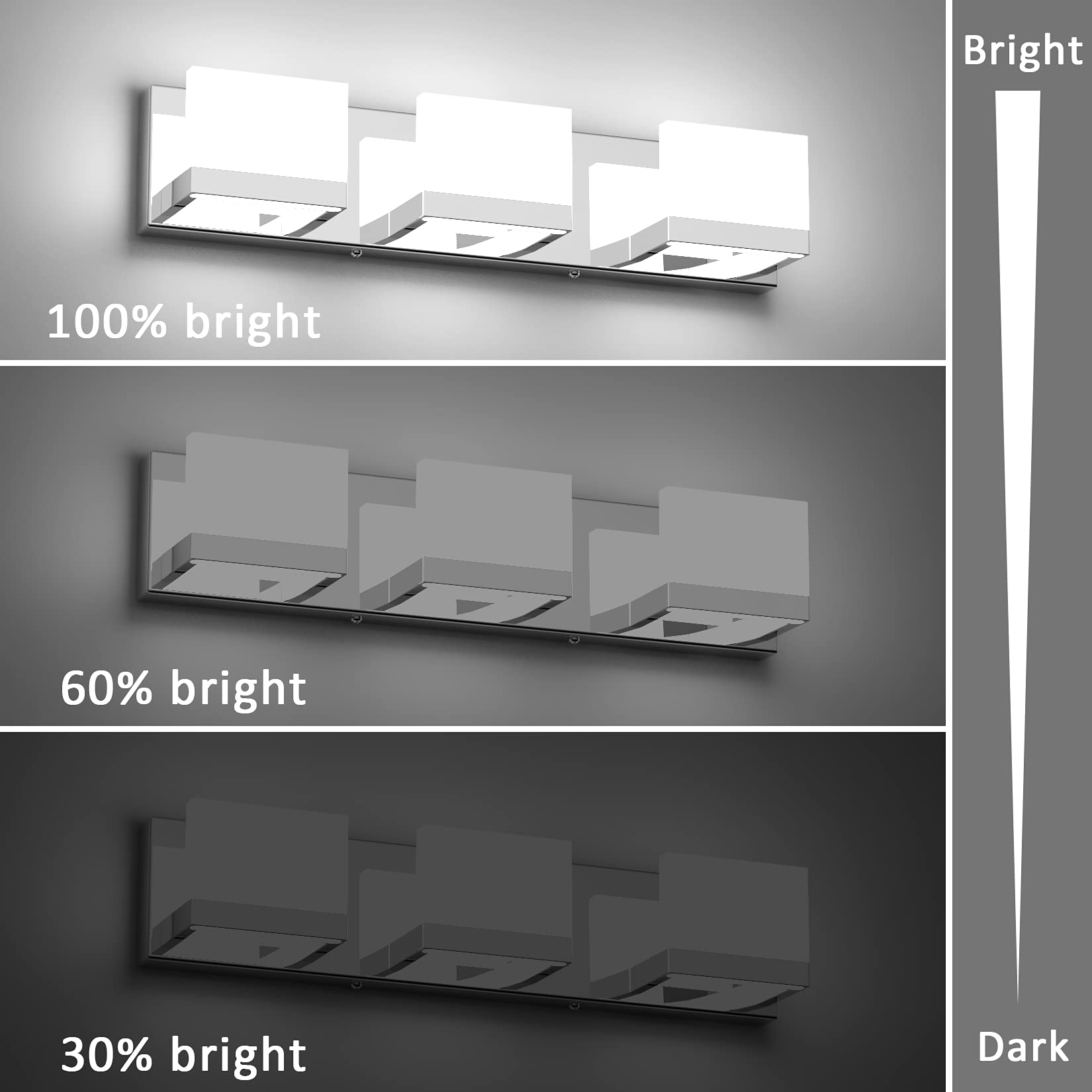 Tipace 3 Lights Dimmable LED Vanity Light Fixture, Chrome, Stainless Steel, Model 1103, 6000K White Light for Bathroom
