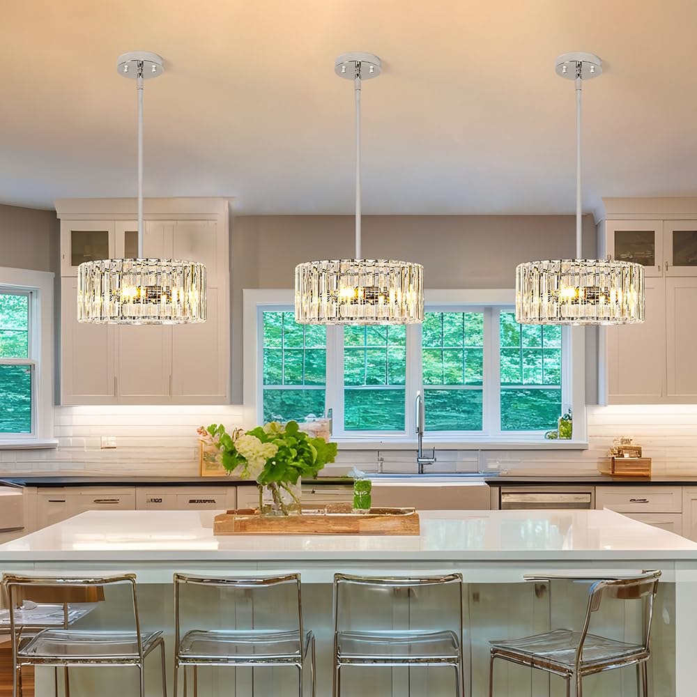 Modern Crystal Chandelier For Dining Room  Chrome Semi Flush Mount Ceiling Light Fixtures  Round Kitchen Hanging Drum Pendant Lights Ceiling  12?Crystal Pendant Lighting For Foyer Bedroom Living Room