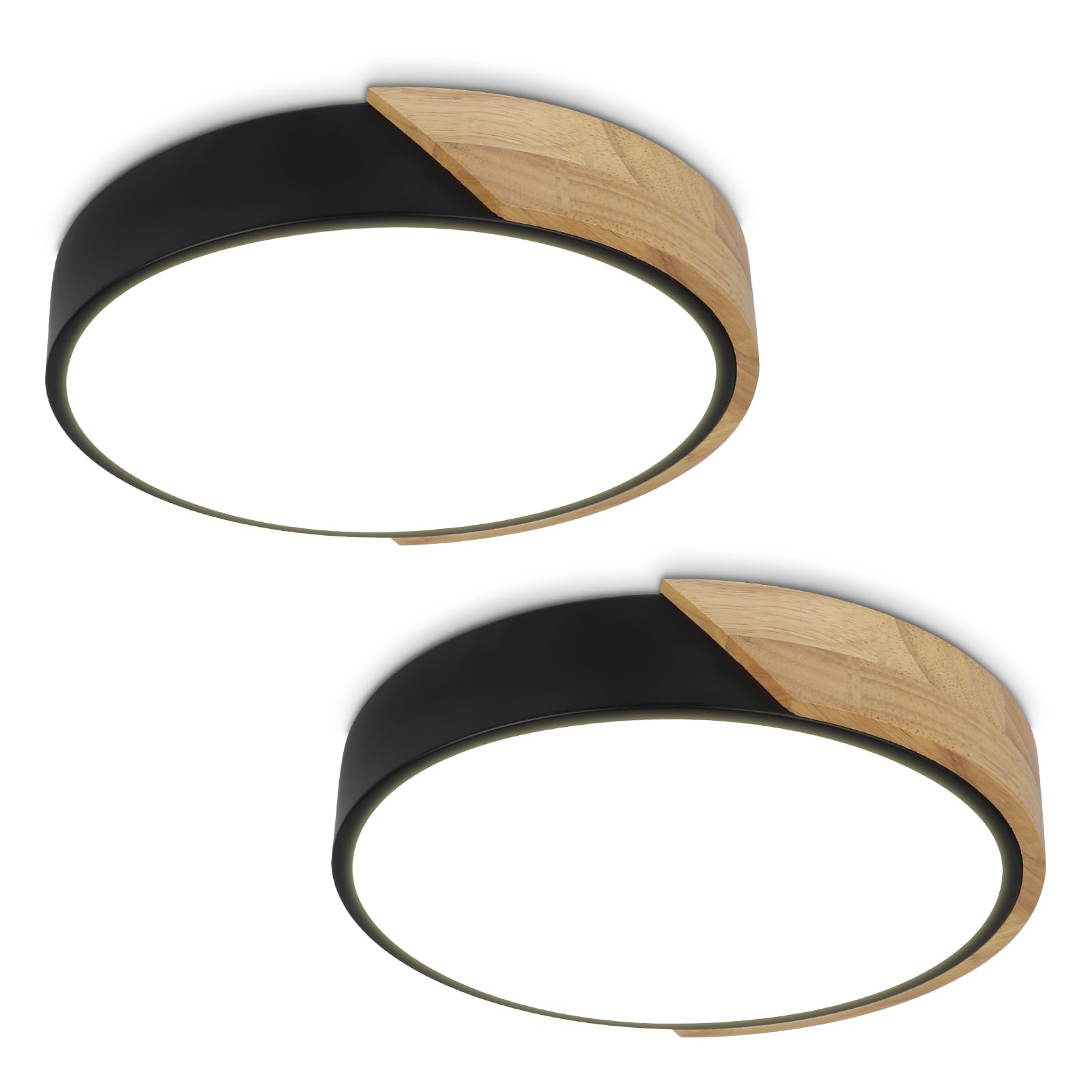 Led Ceiling Light Flush Mount: 12 Inch 24W Bedroom Light Fixture With Round Wood Modern Black Flat Overhead Ceiling Lamps For Kitchen Hallway Laundry Warm White 3000K, Not Dimmable - 2 Pack
