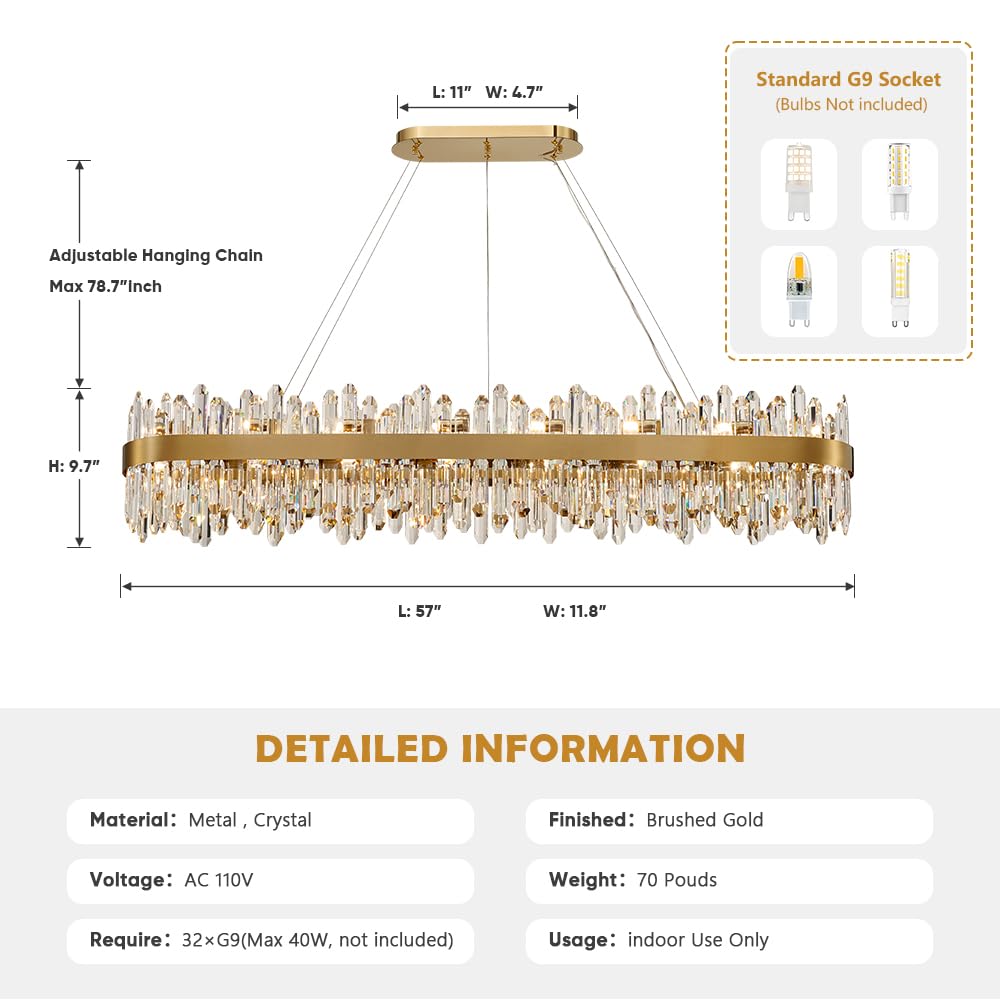 LIZZTREE Gold Oval Crystal Chandelier, 57" L, 32 Lights, Modern Pendant Light Fixture for Dining Room, Kitchen Island, Model LIZZ-8019-L1450GD