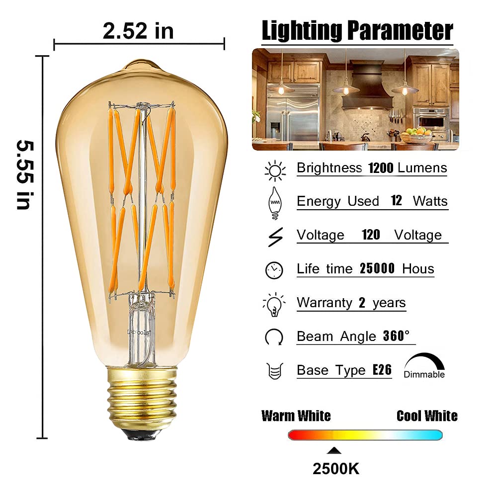 Leools Dimmable Vintage Led Edison Bulbs 12W ,Equivalent 100 Watt, 2500K Warm White(Amber Gold Glass), E26 Base, Decorative Anti
