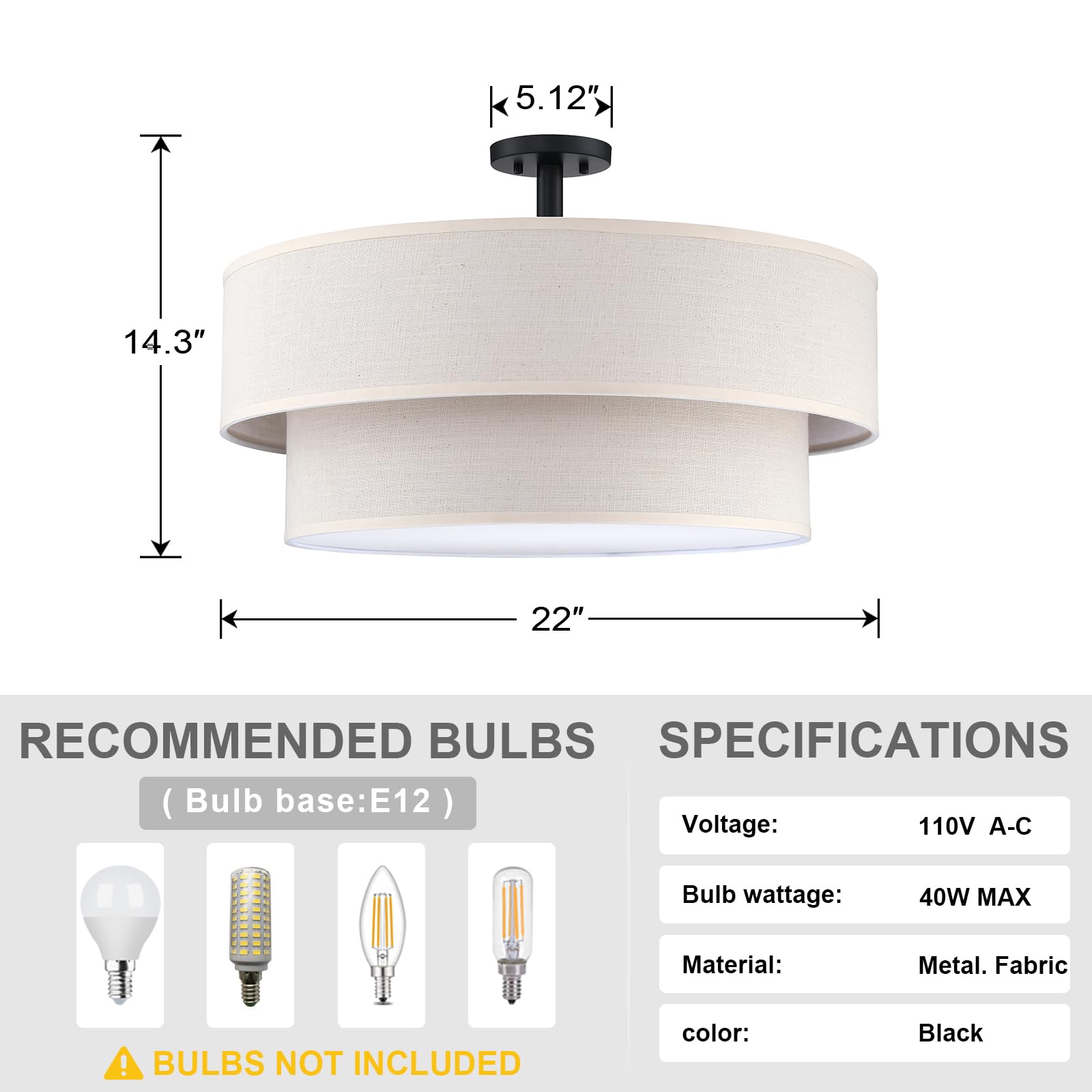 Dolaimi House 5 Light Semi Flush Mount,Close To Ceiling Light Fixture,Linen Fabric Shade Black Finish 22 Inch Semi Flush Drum Li