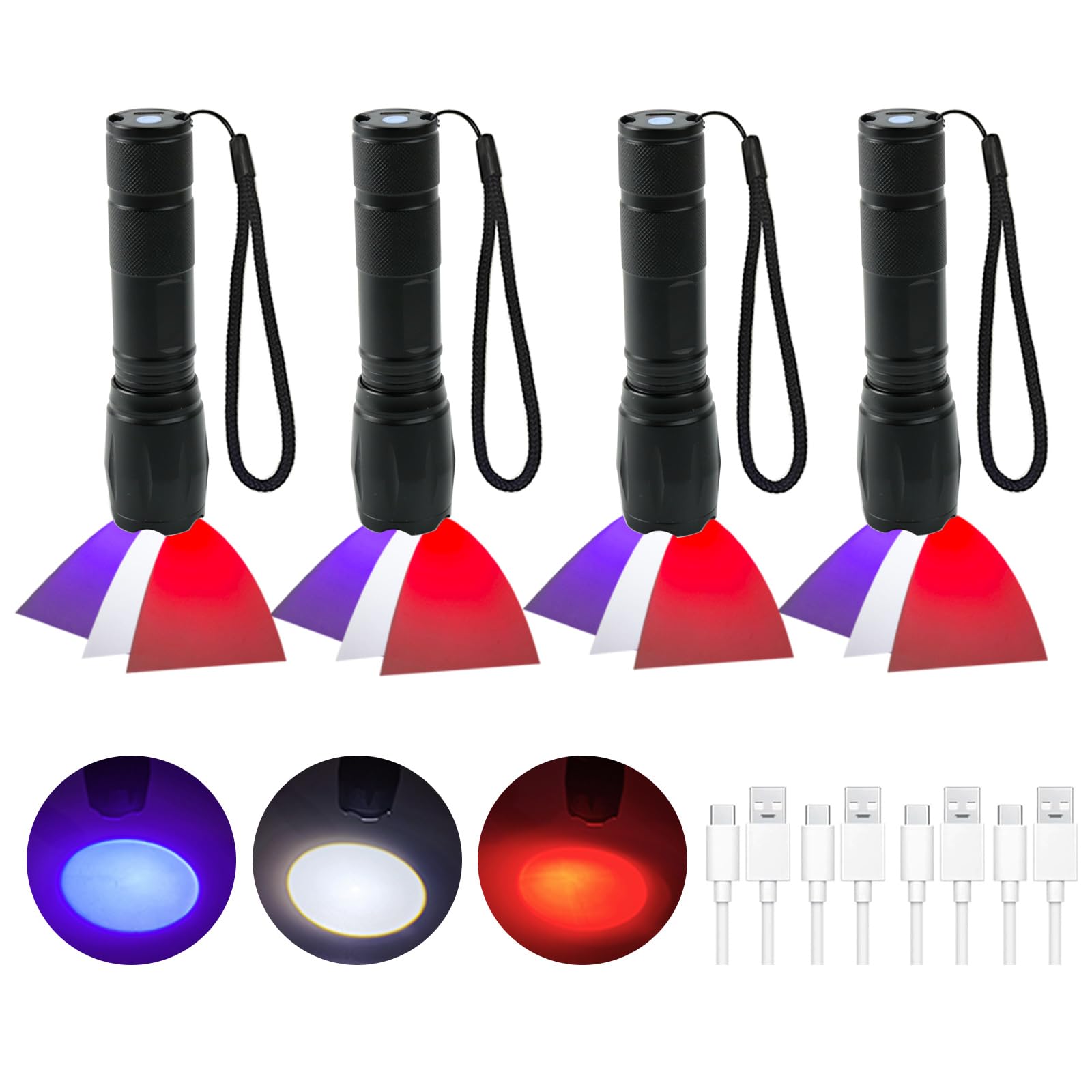 4 Pack LED Rechargeable Red Flashlight, Zoomable LED Small Black Flashlight with Memory Function, Super Bright Red Light 395 NM 