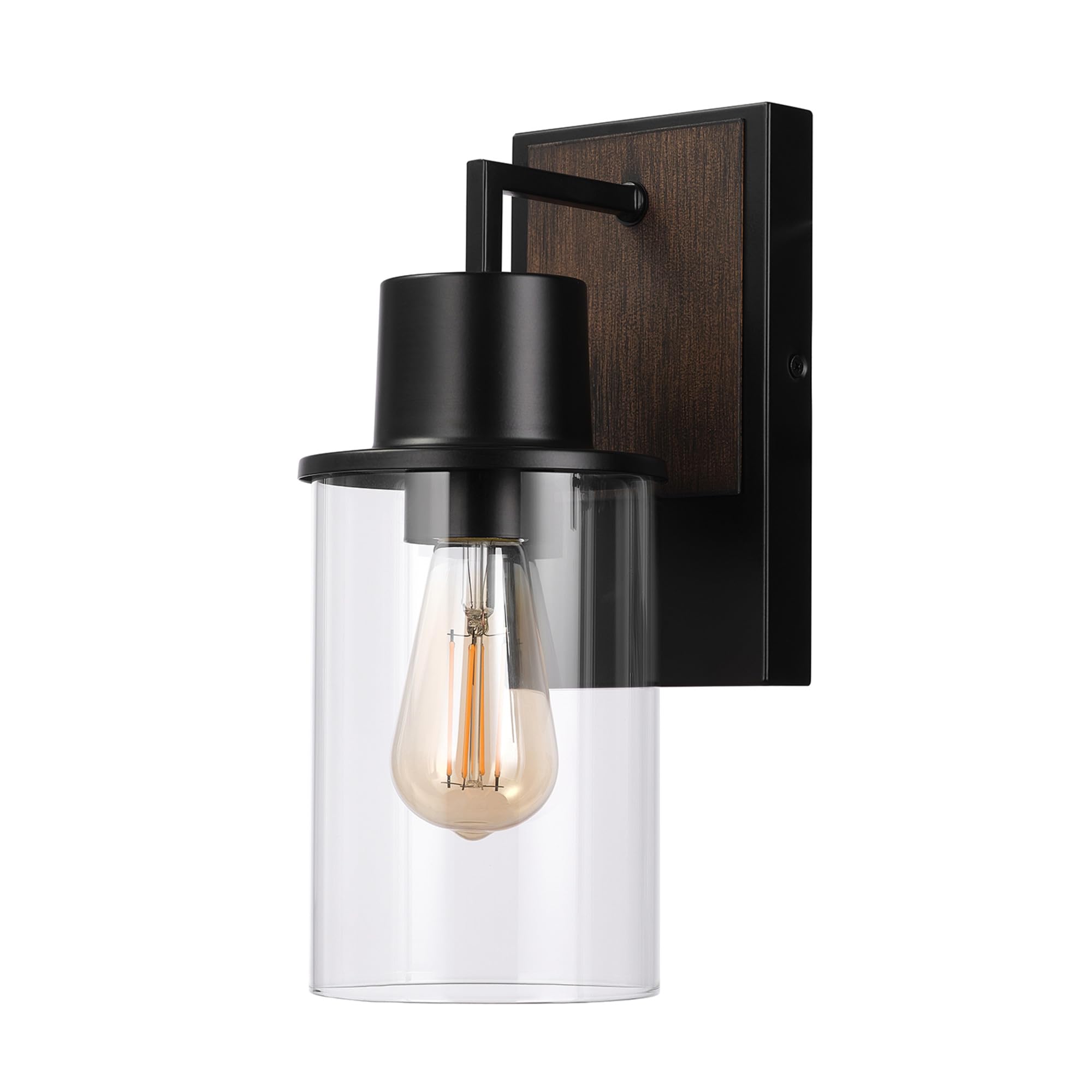 Globe Electric 60000025 1-Light Outdoor Wall Sconce, Matte Black, Faux Wood Accent, Clear Glass Shade, E26 Bulb, Outdoor Lightin