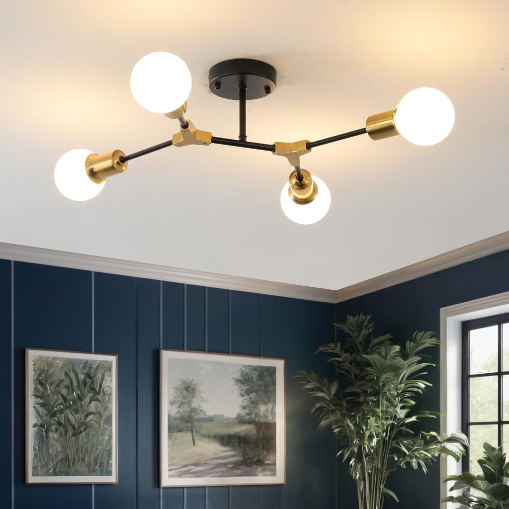 Quoobe Modern Semi Flush Mount Ceiling Light Mid Century 4 Light Lighting Fixture For Dining Room Bedroom Kitchen Foyer Entryway Hallway Metal Gold And Black Sputnik Chandelier