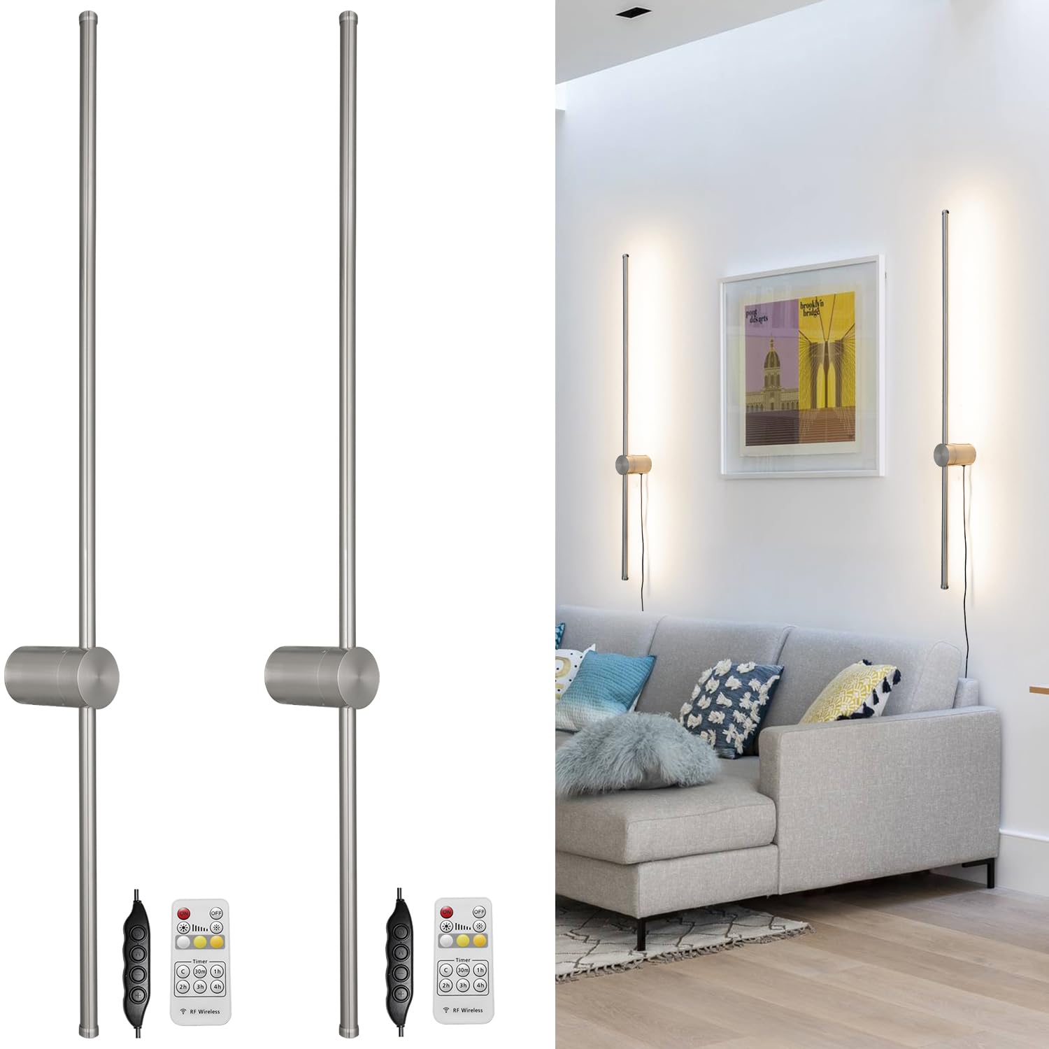 Ditoon Brush Nickel Plug In Wall Sconces Set Of Two, Modern Led Wall Lamp With Remote Control, 3 Cct 3000K-5000K Dimmable, Plug