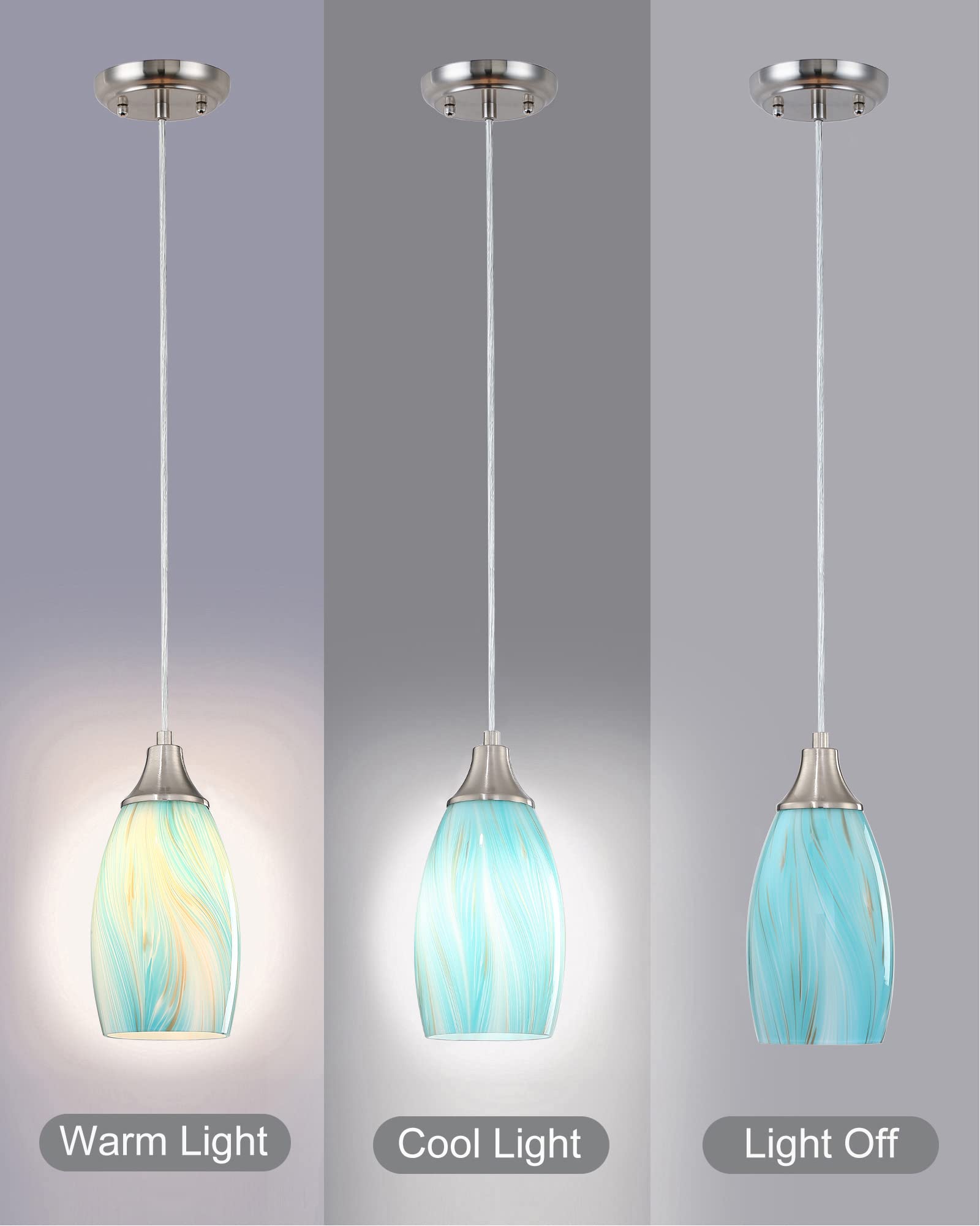 karyfine Mini Glass Pendant Lights 3-Pack, Teal with Gold, Adjustable Brushed Nickel, Handcrafted for Kitchen Island and Dining Room