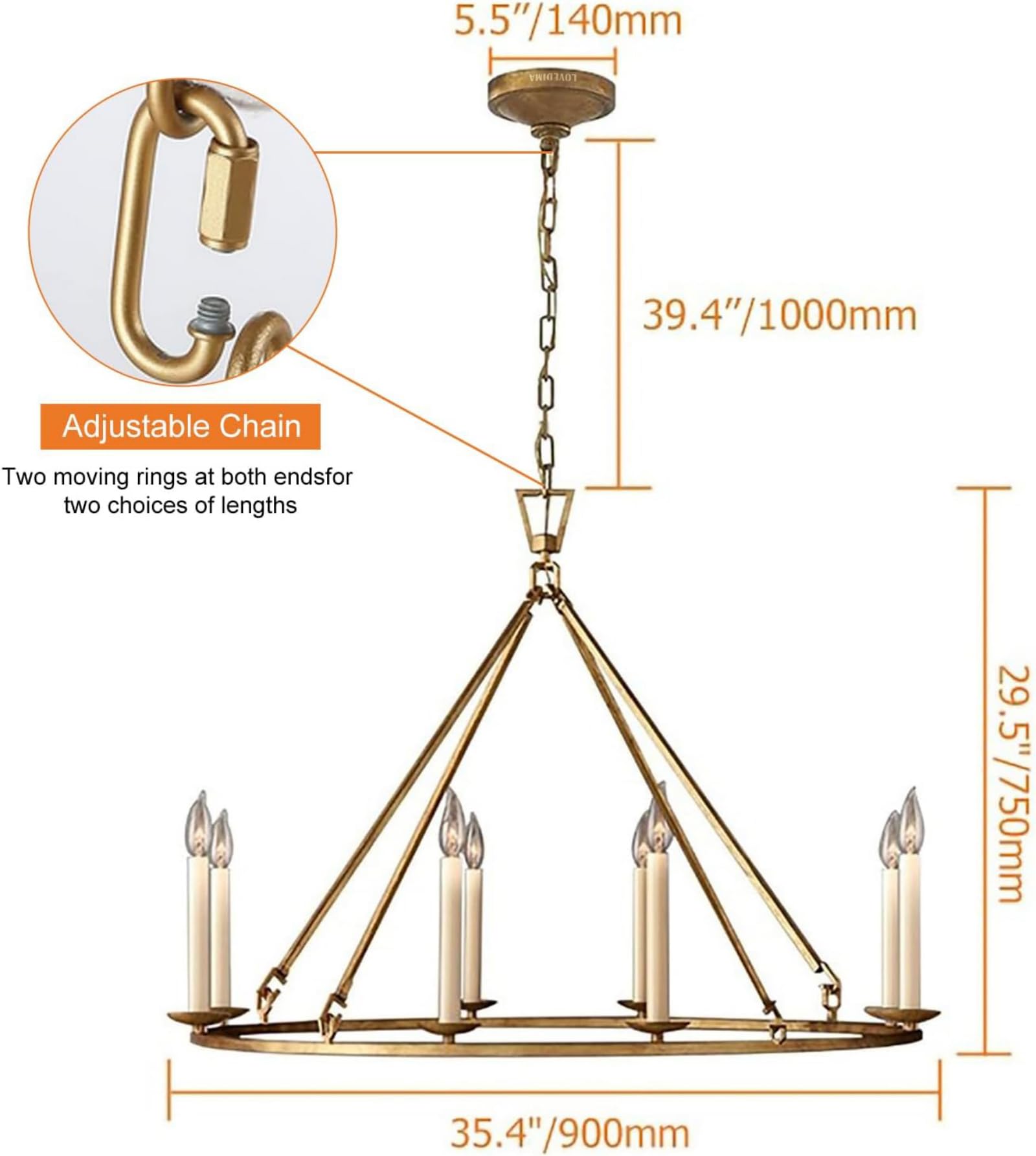 LOVEDIMA Gold Wagon Wheel Chandelier, 8-Light Antique Brass Ceiling Fixture, 35.4'' Candle-Shaped Design
