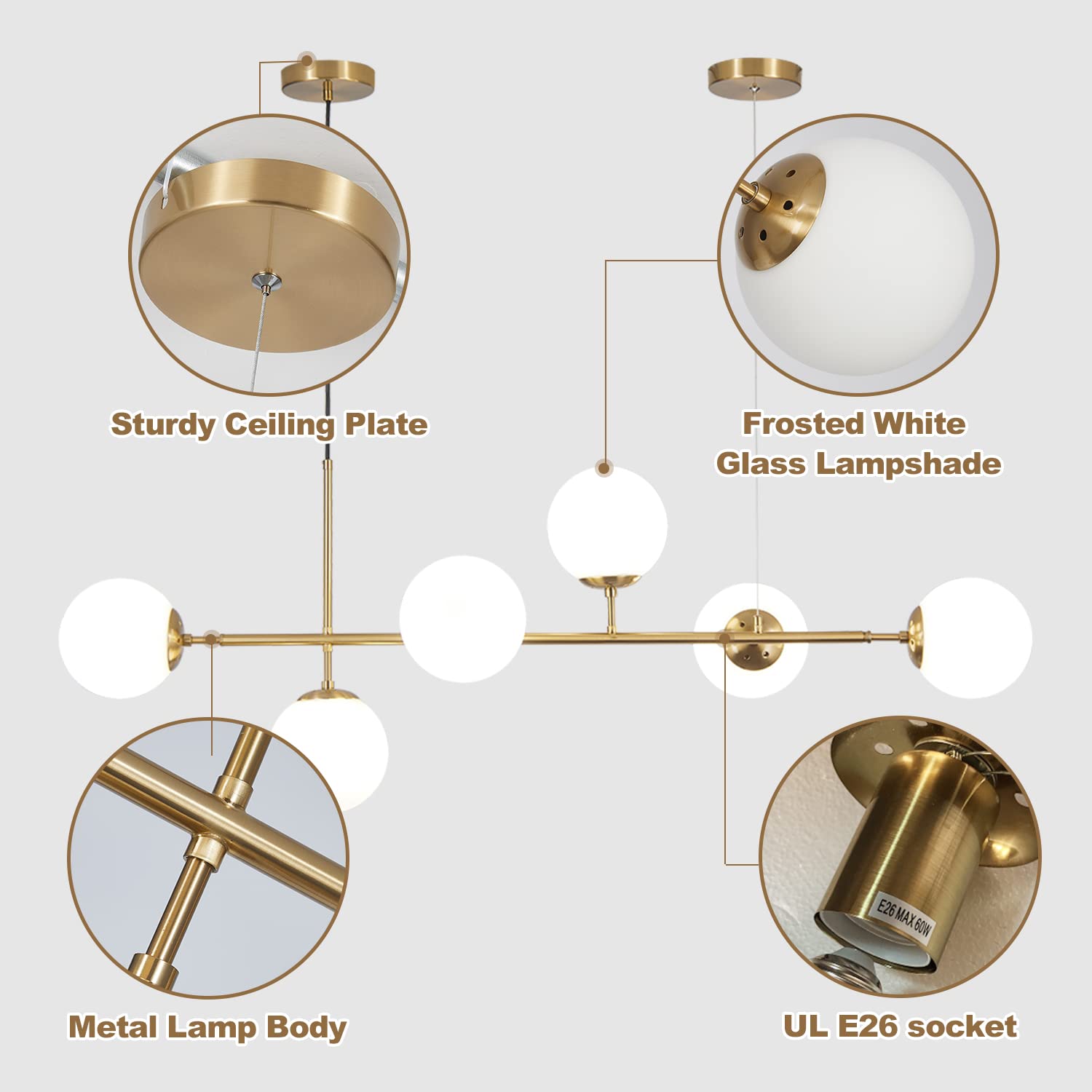 KCO 6 Light Modern Globe Chandelier - White & Gold Metal Pendant Light Fixture, Mid Century Rectangle Design, Model L1039-white