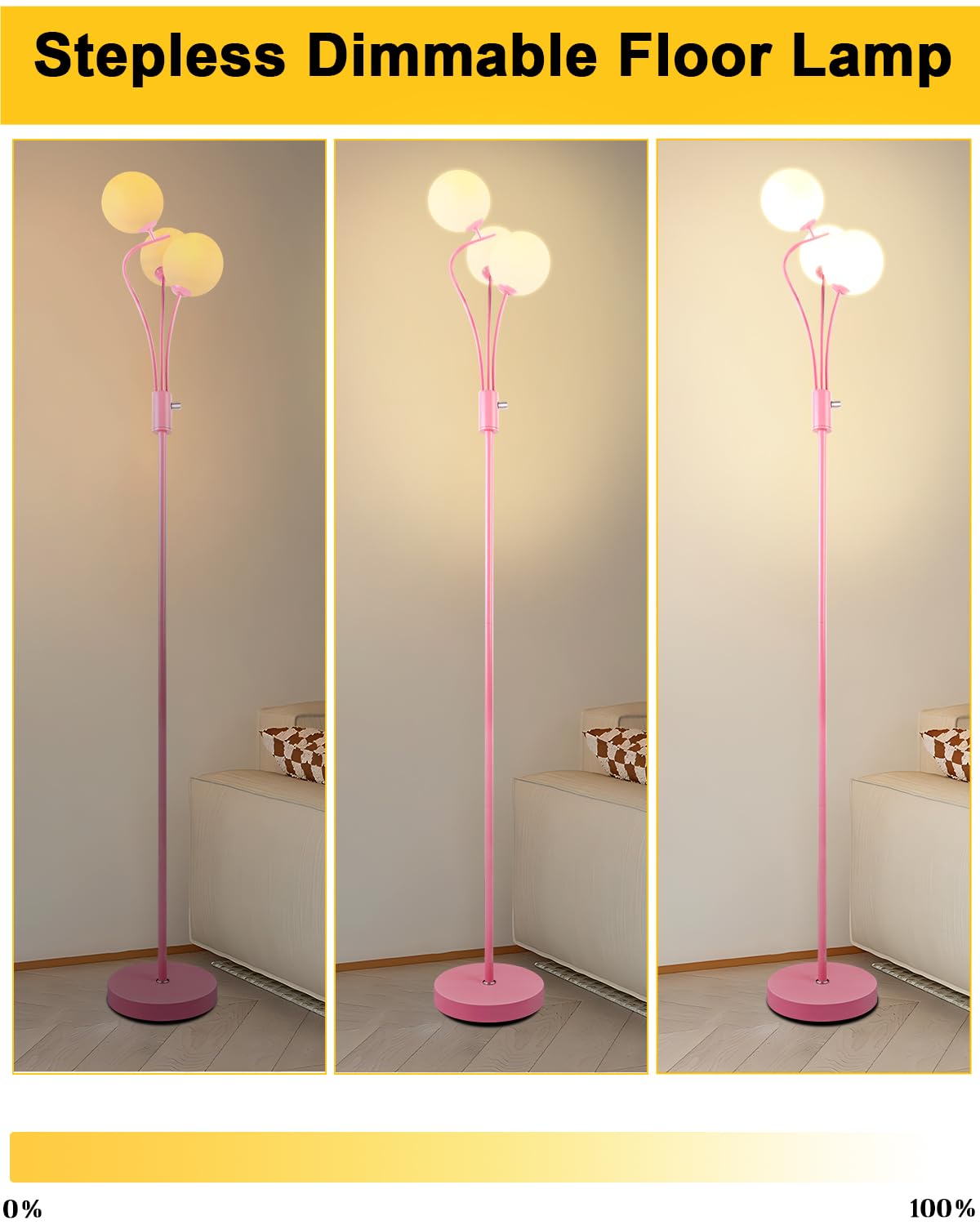 Lightdot Pink Floor Lamp For Girls Room Stepless Dimmable Globe Standing Lamp With 3Pcs 3000K G9 Bulbs Modern Design & Stable Ba
