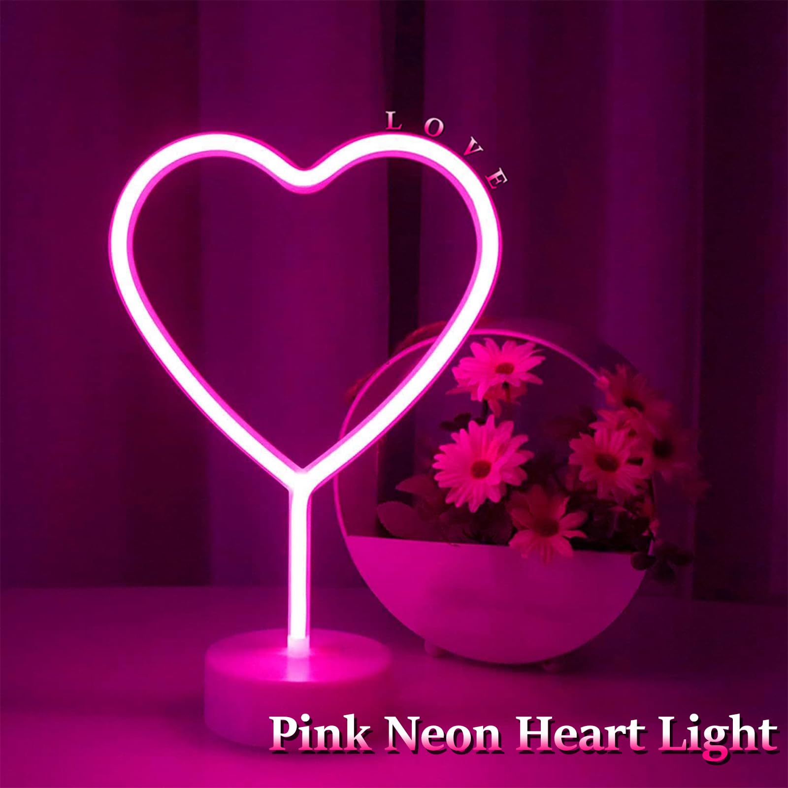BHCLIGHT Pink Heart Neon Sign, LED Light, Battery or USB Powered, Table Decor for Room, Dorm, Wedding, Anniversary, 1PK