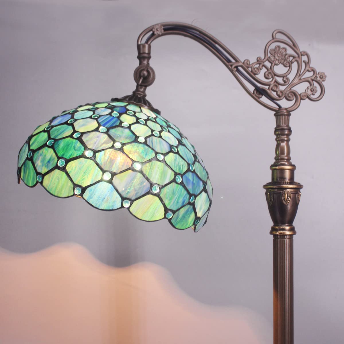 ZJART Tiffany Floor Lamp - Adjustable Arched Gooseneck, Metal, Sea Blue Pearl, 18.88x12x67 Inches, Antique Reading Light