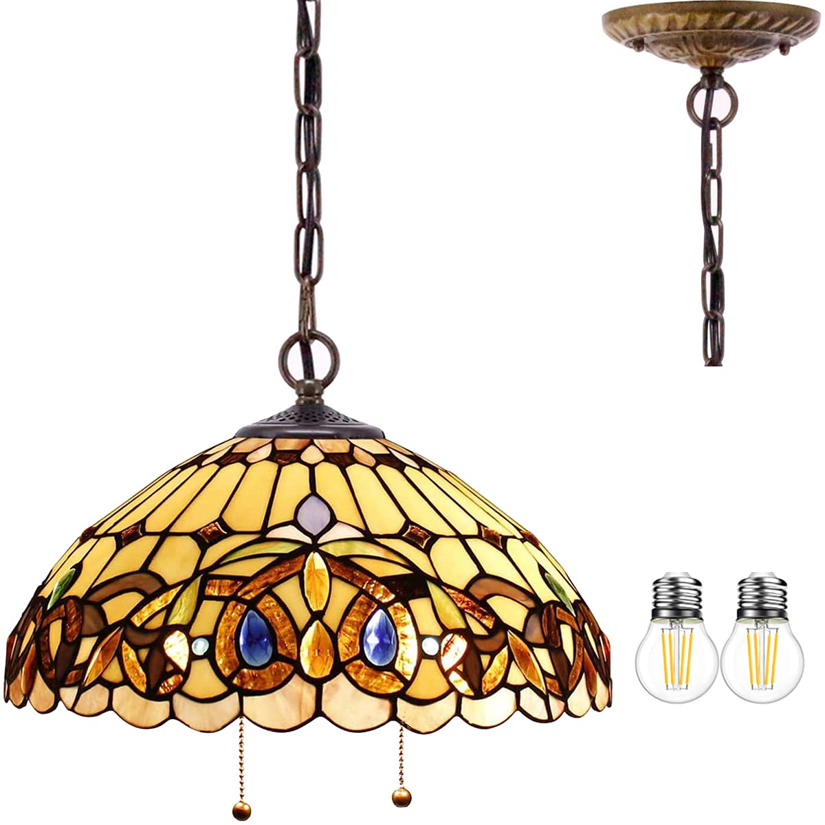WERFACTORY Tiffany Pendant Light - Stained Glass Hanging Lamp, 16in Wide, 40in Height, Serenity Victorian S021 Series, Large, Glass