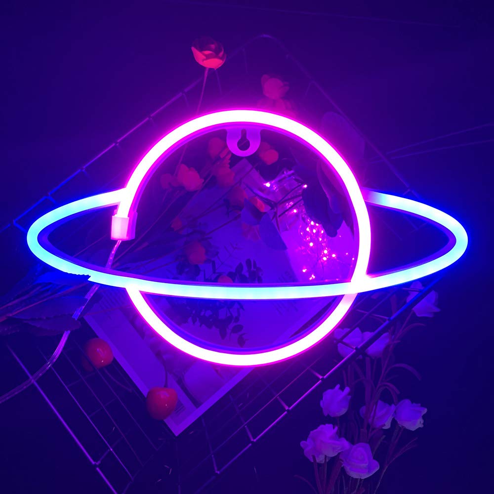 Blue Pink Color Galaxy Planet Neon Sign Light Glow in The Dark Ceiling Hanging Home Wall Party Decor,LED Hang Planets Neon Sign