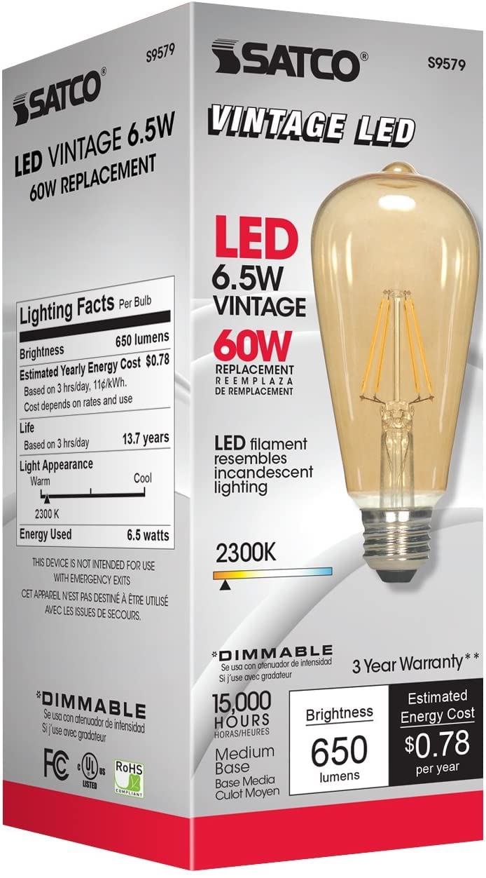 Satco S9579 Medium Bulb, 650Lm, Glass, Specialty ST19-Shape, 5.38 inches
