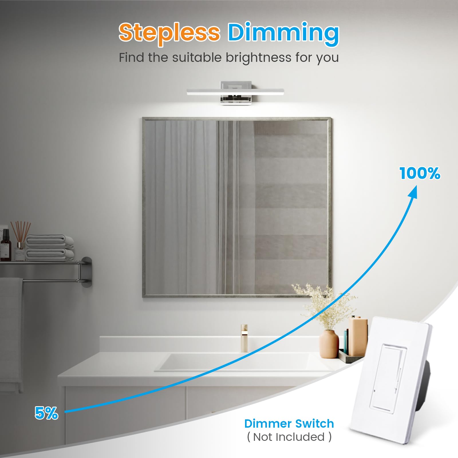 Volisun Modern Bathroom Vanity Light 15.7 Inch, Rotatable, 12W Dimmable 5Cct Led Bathroom Light Fixture Over Mirror, Chrome Vani