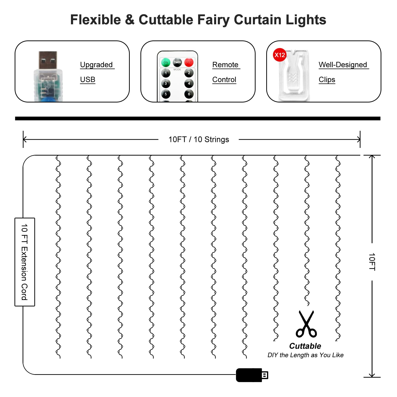 Holits 300 Led Fairy Curtain Lights, 9.8 X 9.8Ft Cold White Usb Plug In 8 Modes String Hanging Lights With Remote For Christmas, Bedroom, Indoor, Outdoor, Weddings, Party (Cold White)