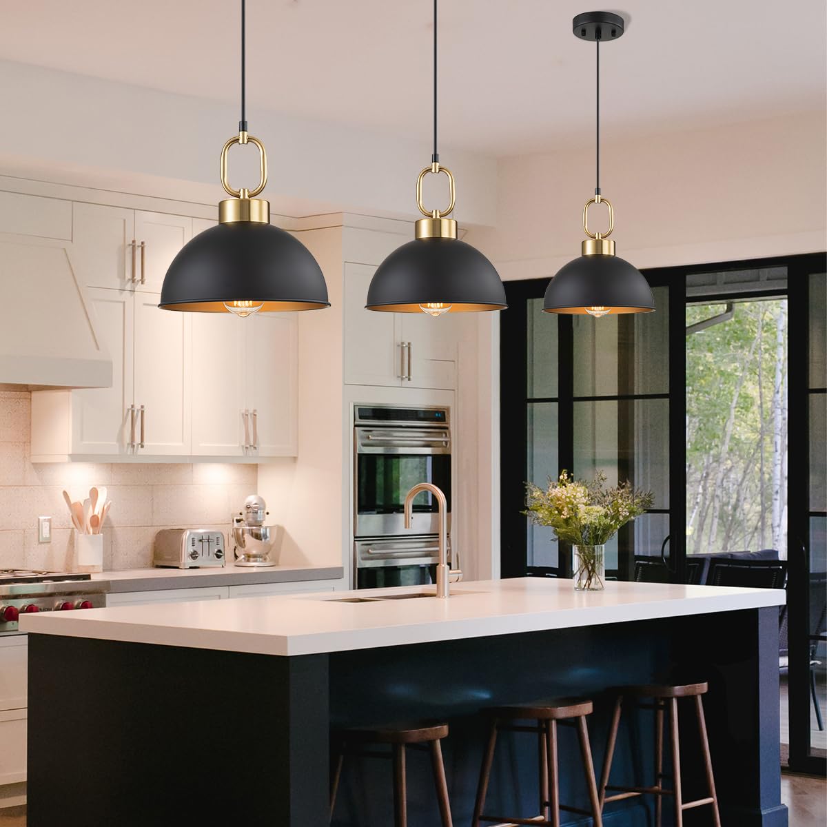 TinHon Farmhouse Pendant Light Fixture, Metal, 10.2in, Black with Gold Handle, Adjustable Height, Vintage Shade, Model ZP063PL01