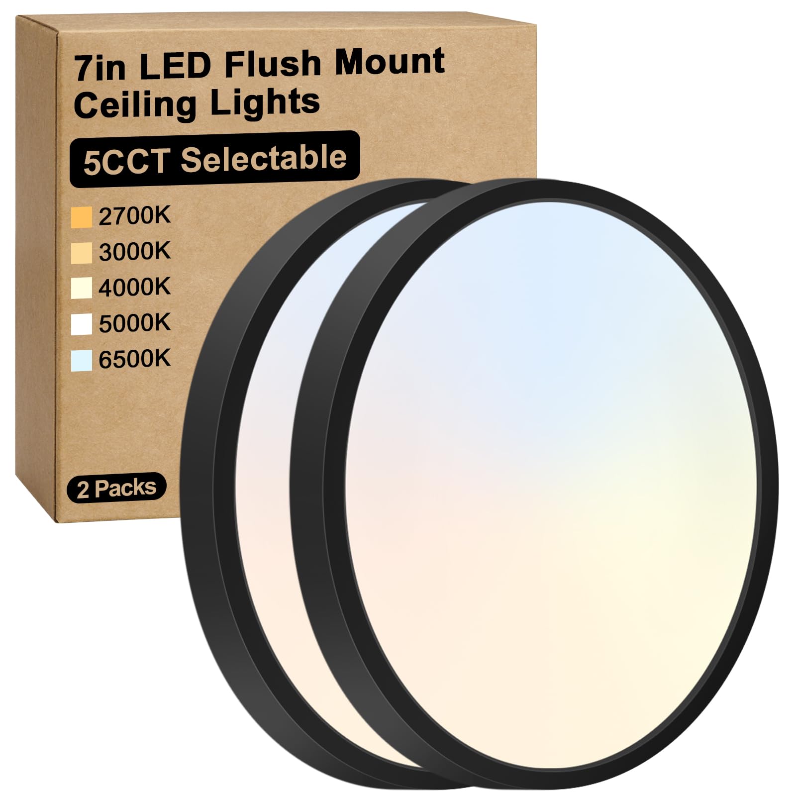 Brightever Black Flush Mount Ceiling Light  7 Inch 12W  Super Slim 0.67 Inch 1200LM LED Ceiling Light Fixtures  Dimmable & 2700K/3000K/4000K/5000K/6500K 5 Color in One Ceiling Lamp for Closet  2 Packs