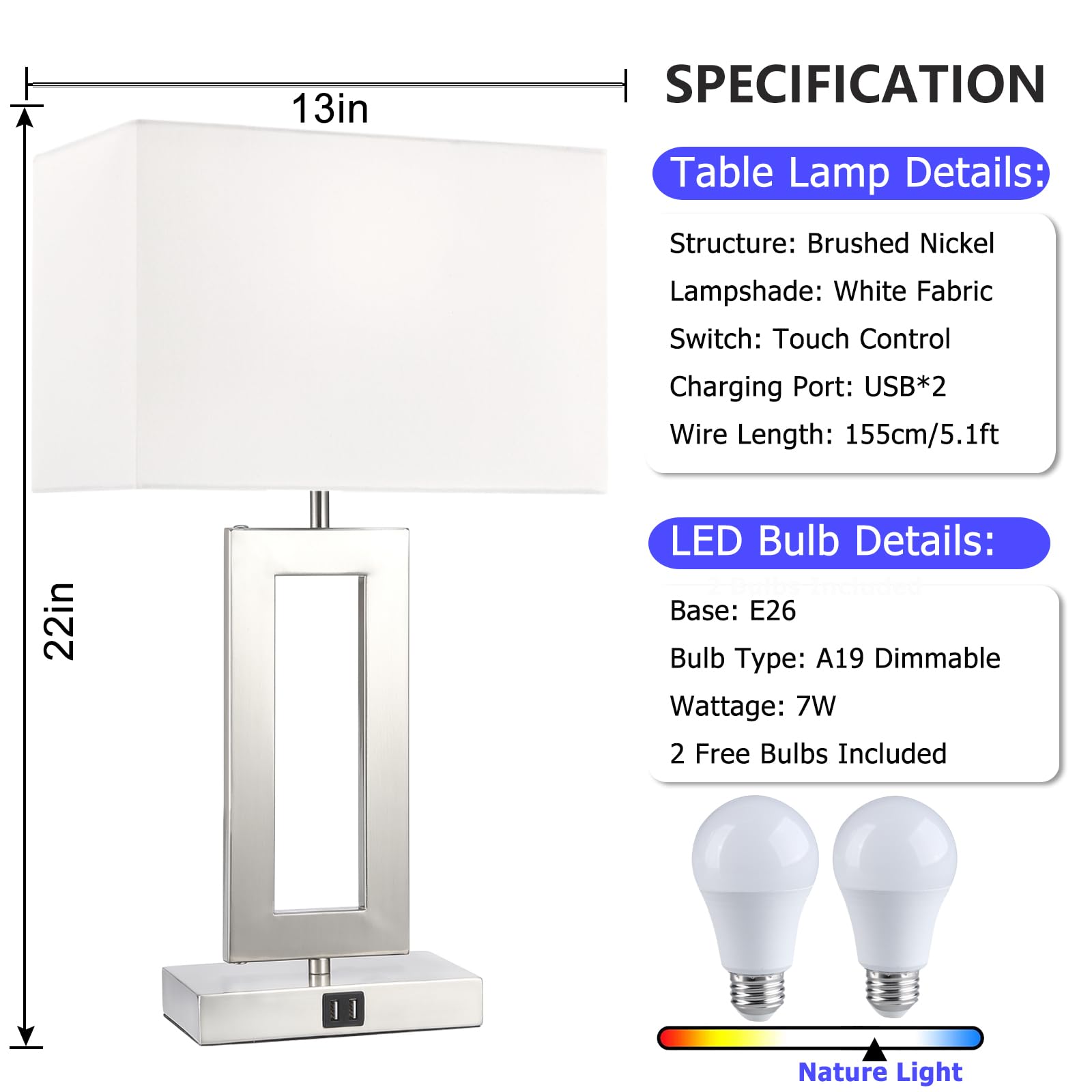 22'' Lamps For Bedrooms Set Of 2, Touch Control Table Lamps With 2 Usb Ports, 3-Way Dimmable Bedside Nightstand Lamps, Brushed N