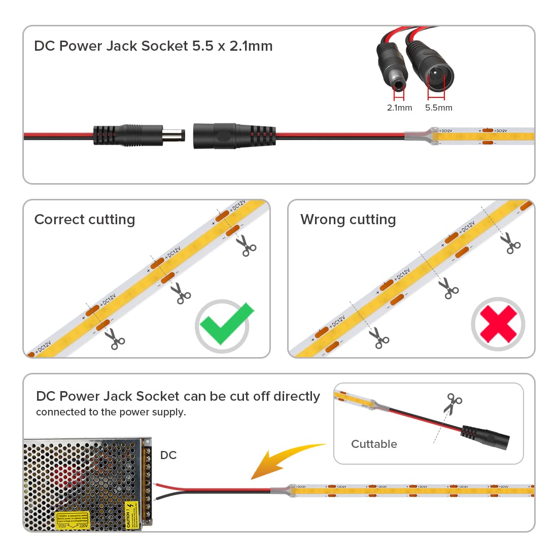 FCOB 16.4FT DC24V COB LED Strip, 480 LEDs/m, Natural White 4000K, Dimmable, High Density for Home Decor