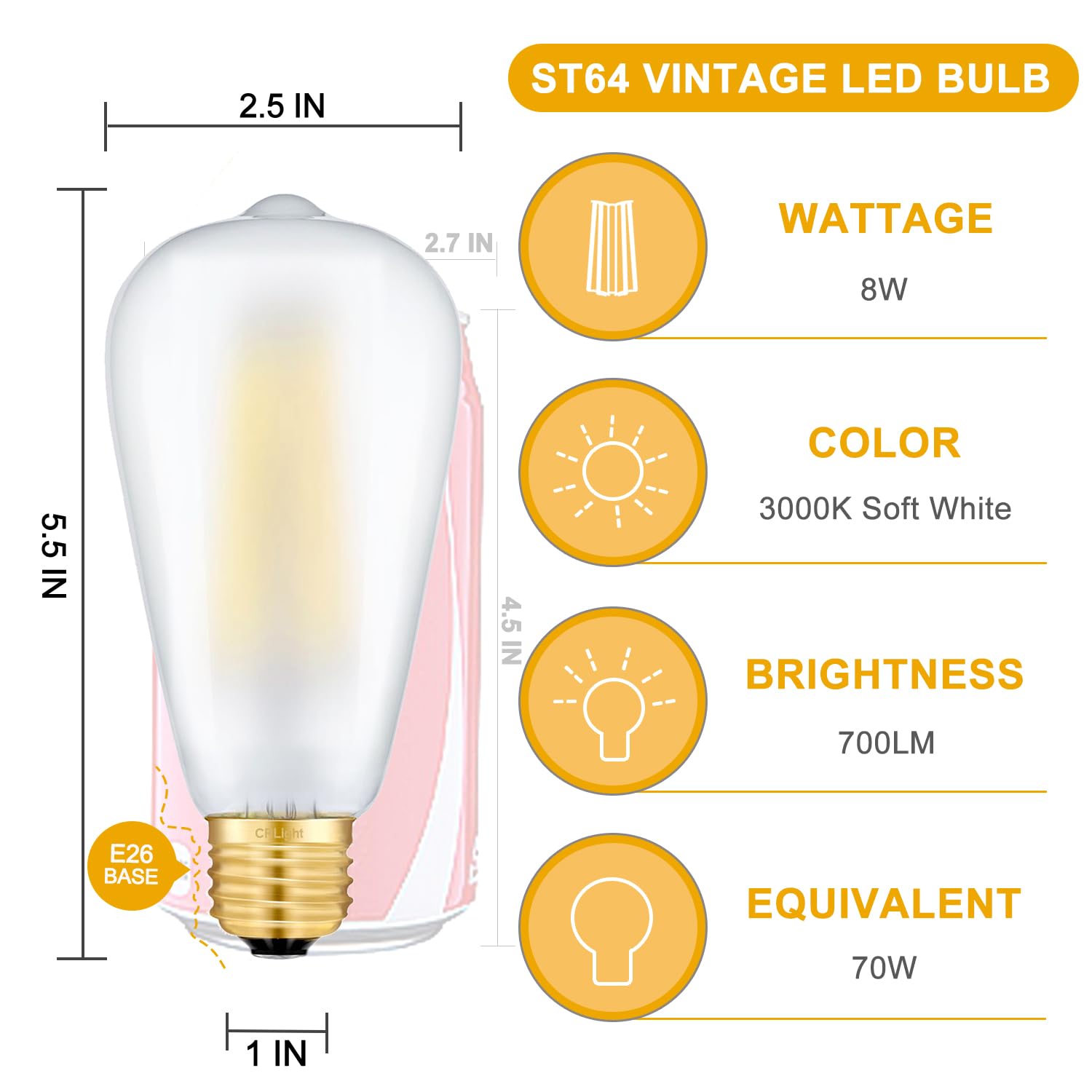 Crlight 8W Dimmable Led Edison Bulb, 3000K Soft White, 700 Lumens, 6 Pack