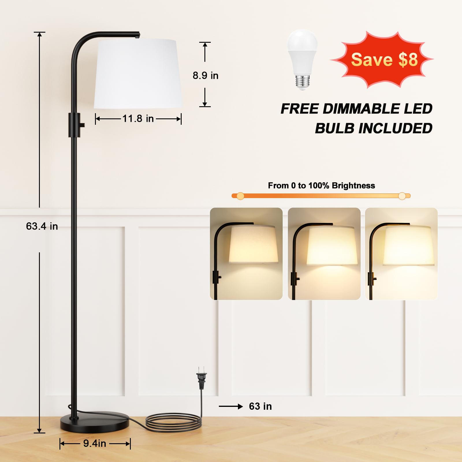 Ambimall Floor Lamp - 9W LED, Fully Dimmable, 63.4 inches, Metal, Black and Linen White