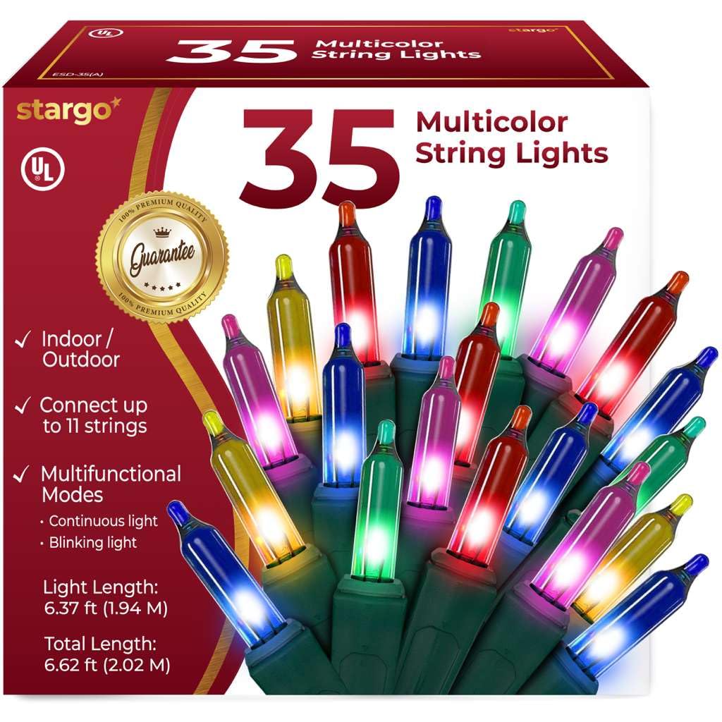 Warm Multi Color Christmas Lights - 6.3 ft String of 35 Incandescent Mini Bulbs Multifunctional Lighting Modes, for Decorative, 